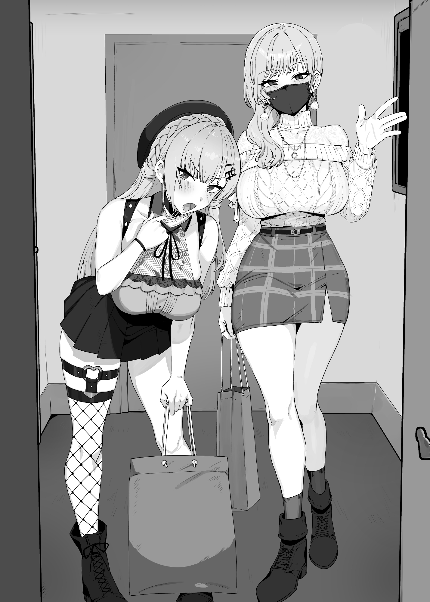suisogenshi, furen e lustario, furen e lustario (4th costume), hakase fuyuki, hakase fuyuki (6th costume), nijisanji, highres, 2girls, aran sweater, arm up, bag, beret, black hat, black mask, black surgical mask, blush, boots, braid, breasts, cable knit, choker, crown braid, doorway, earrings, embarrassed, genkan, greyscale, hair ornament, hairclip, handbag, hat, hex code, high-waist pants, huge breasts, jewelry, lace shirt, lace trim, leaning forward, long hair, long sleeves, looking at viewer, mask, mask pull, miniskirt, monochrome, mouth mask, multiple girls, necklace, number hair ornament, o-ring, o-ring thigh strap, off-shoulder sweater, off shoulder, open door, open mouth, pants, plaid clothes, plaid skirt, pleated skirt, pom pom (clothes), pom pom earrings, pov, pov doorway, sagging breasts, seductive smile, see-through cleavage, see-through clothes, shirt, skirt, sleeveless, sleeveless shirt, smile, solo, surgical mask, sweater, taut clothes, taut skirt, thigh strap, thighs, turtleneck, turtleneck sweater, virtual youtuber