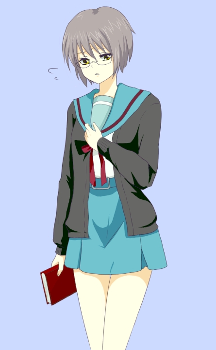 uuron tea, nagato yuki, suzumiya haruhi no shoushitsu, suzumiya haruhi no yuuutsu, bad id, bad pixiv id, 10s, 1girl, book, brown eyes, cardigan, female focus, glasses, grey hair, school uniform, serafuku, short hair, solo