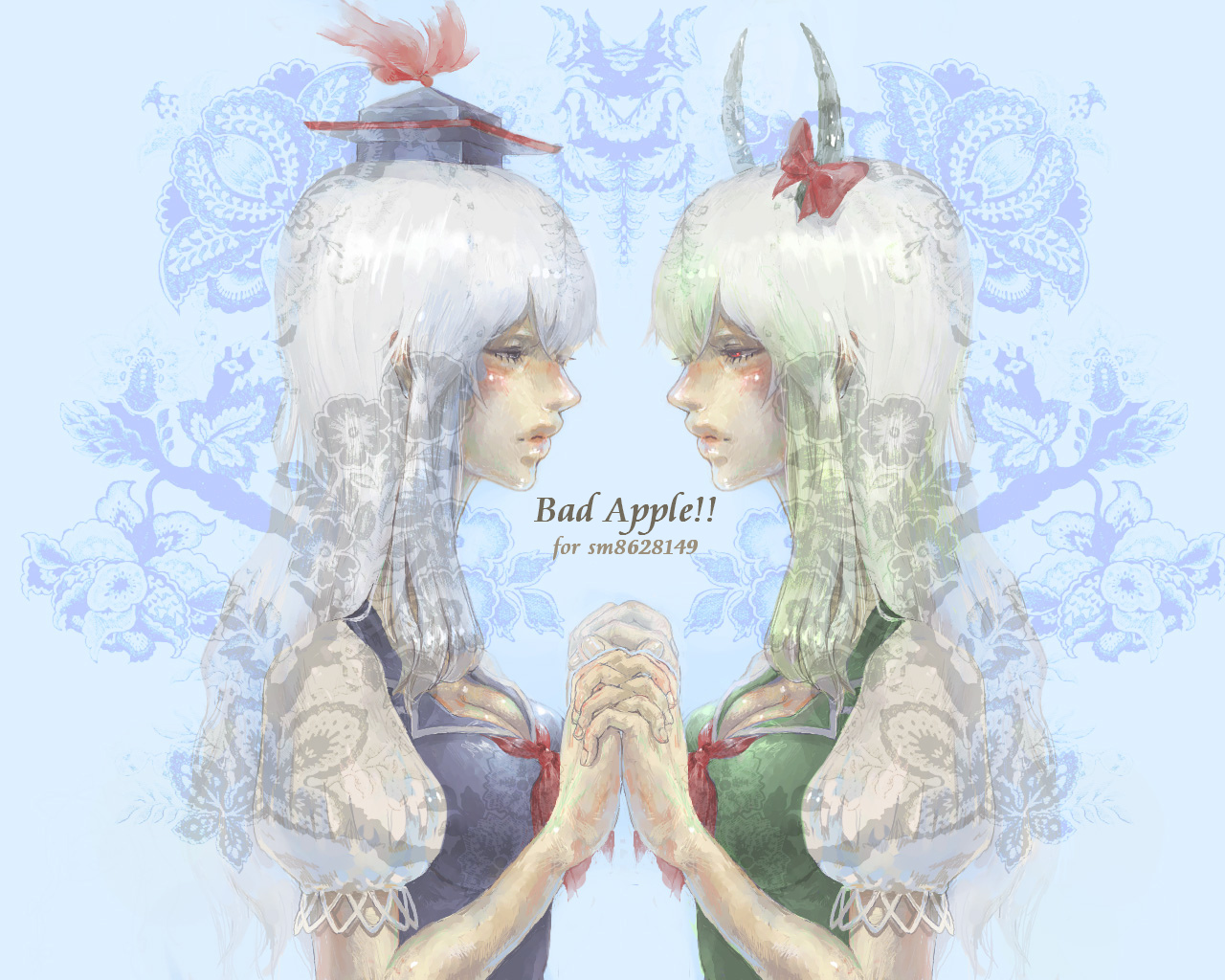 kico, ex-keine, kamishirasawa keine, touhou, bad id, bad pixiv id, 2girls, bad apple!!, blue theme, breasts, cleavage, dual persona, female focus, grey eyes, hat, holding hands, horn ornament, horn ribbon, horns, long hair, medium breasts, multicolored hair, multiple girls, profile, red eyes, ribbon, short sleeves, symmetry