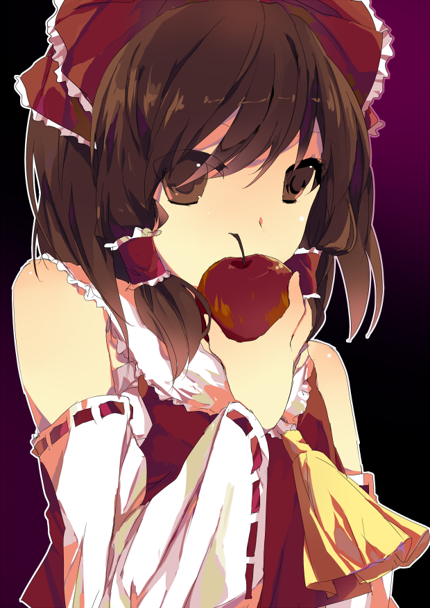 zeko, hakurei reimu, touhou, 1girl, apple, bad apple!!, bare shoulders, brown eyes, brown hair, covering face, covering own mouth, covering privates, detached sleeves, female focus, food, fruit, hair ribbon, holding, holding food, holding fruit, japanese clothes, miko, neckerchief, ribbon, short hair, solo, wide sleeves