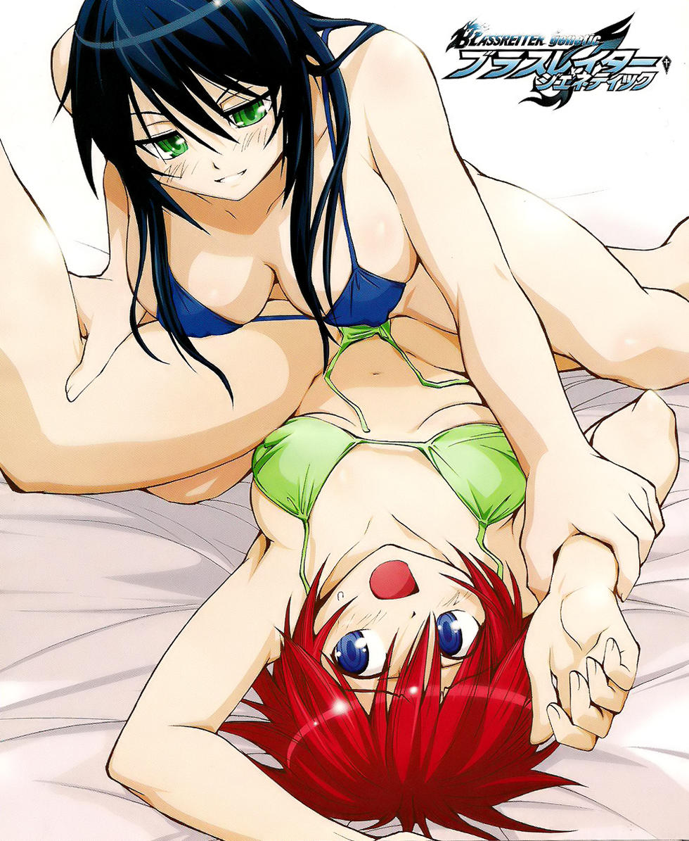 hirose shuu, rain (blassreiter), snow (blassreiter), blassreiter, untied, jpeg artifacts, non-web source, 00s, 2girls, bed, bikini, black hair, blue eyes, blush, breasts, cleavage, covered erect nipples, girl on top, green eyes, hug, large breasts, long hair, lying, multiple girls, naughty face, on back, open mouth, pinned, red hair, short hair, side-tie bikini bottom, smile, swimsuit, tribadism, yuri