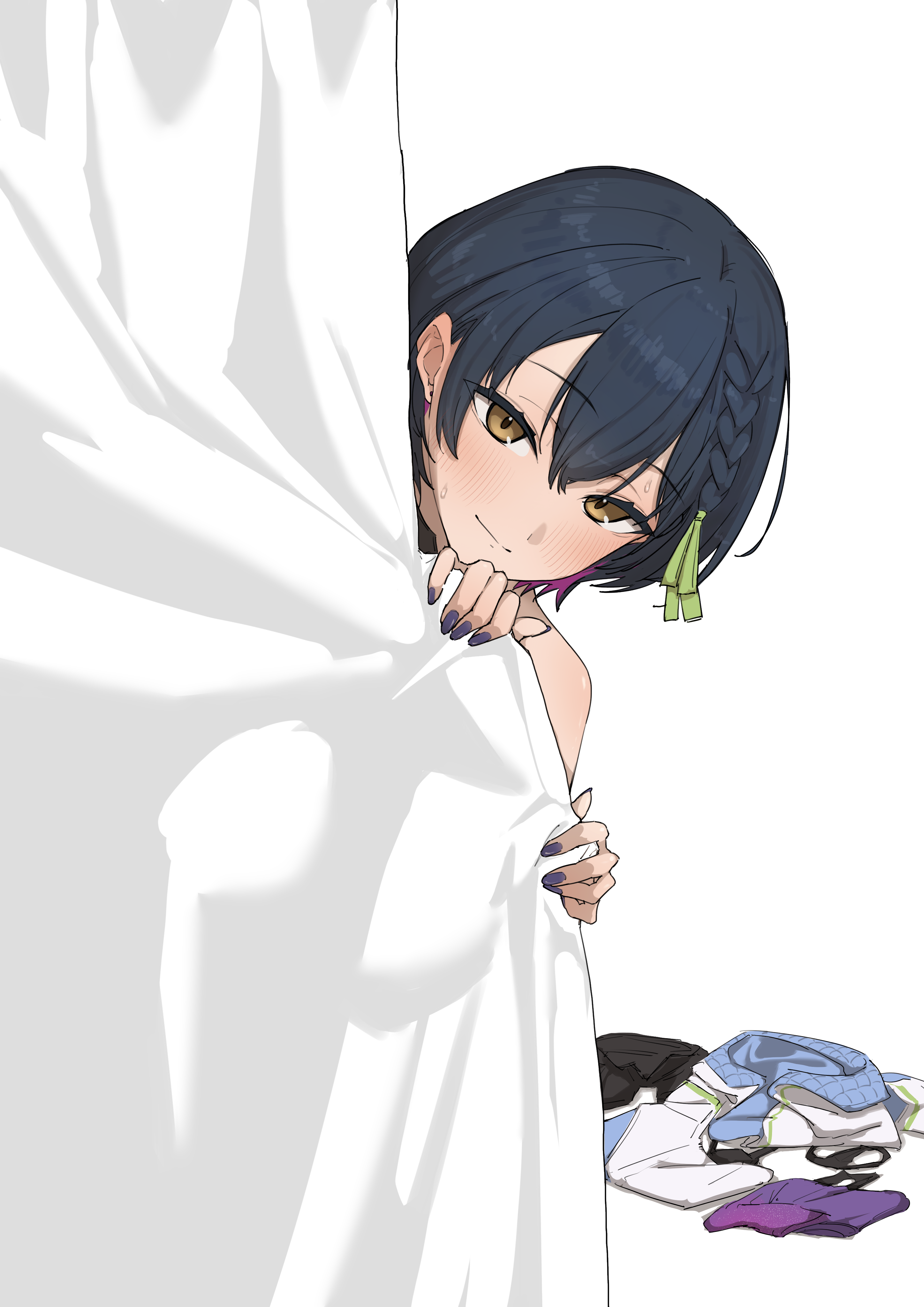 kaekae kaeru, yamagami karuta, yamagami karuta (4th costume), nijisanji, absurdres, commentary request, highres, 1girl, behind curtains, black hair, blush, braid, brown eyes, closed mouth, clothes on floor, colored inner hair, curtain grab, curtains, green ribbon, hair between eyes, hair ribbon, hands up, implied nudity, light smile, looking at viewer, multicolored hair, nail polish, peeking out, purple hair, purple nails, ribbon, short hair, side braid, single bare shoulder, solo, split mouth, sweat, two-tone hair, unworn clothes, virtual youtuber, white background