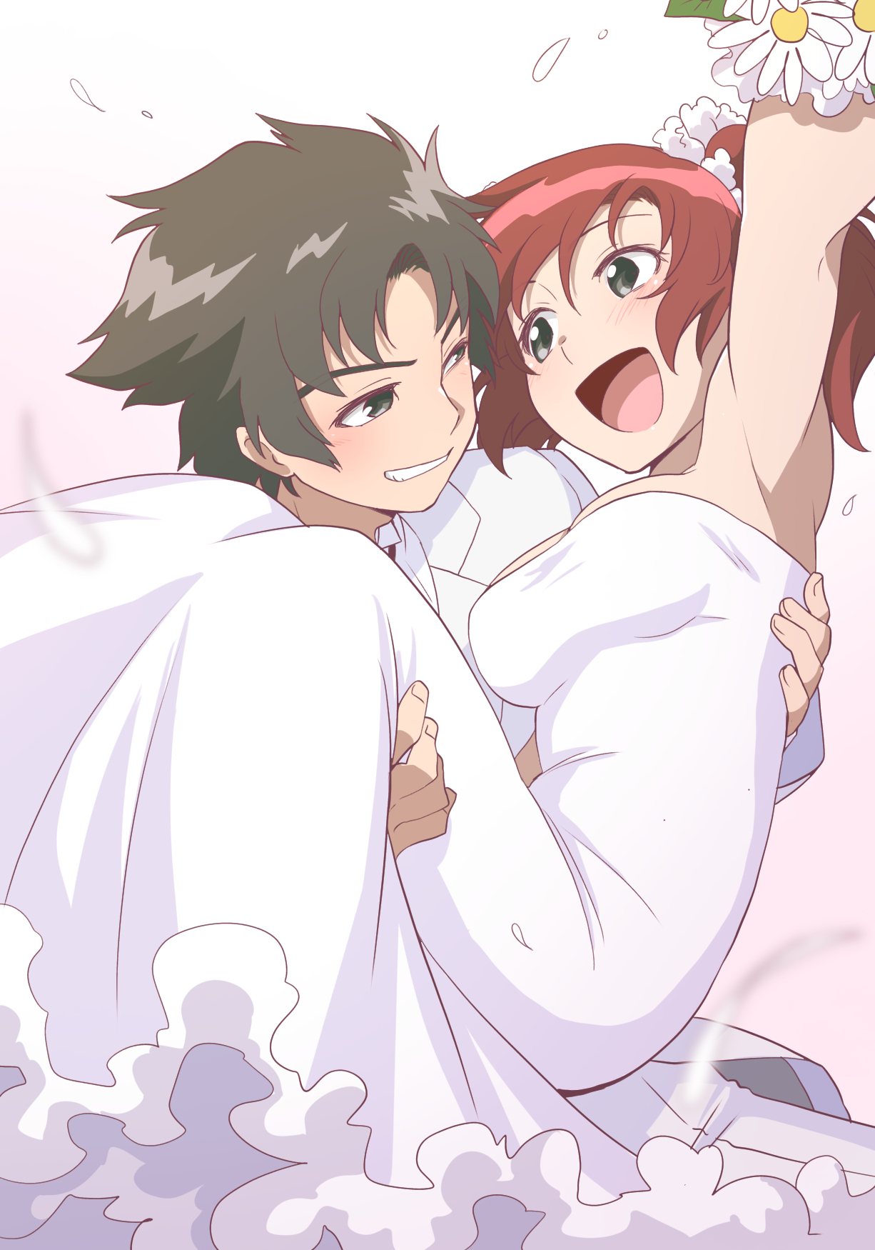 nagi (exsit00), mikado reo, mikagami mimika, soukyuu no fafner, commentary request, highres, 1boy, 1girl, :d, black hair, breasts, carrying, couple, dress, formal clothes, grin, husband and wife, looking at another, open mouth, petals, princess carry, red hair, simple background, smile, strapless, strapless dress, suit, twintails, wedding, wedding dress, white background, white dress, white suit