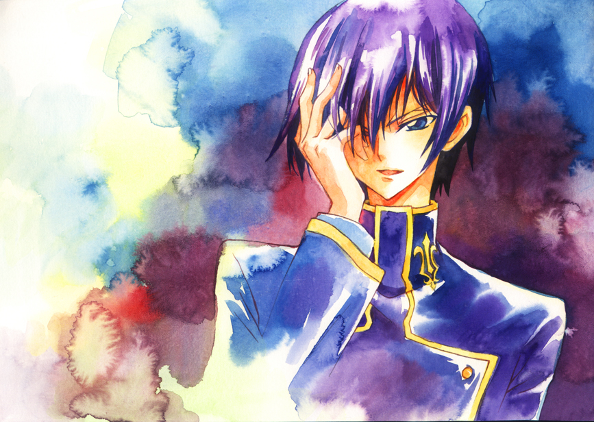 muxiaying, lelouch vi britannia, code geass, bad id, bad pixiv id, painting (medium), traditional media, watercolor (medium), 1boy, gradient background, male focus, purple hair, school uniform, solo