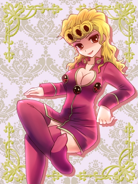 ara, ara (sora-ageha), giorno giovanna, jojo no kimyou na bouken, vento aureo, bad id, bad pixiv id, 1girl, blonde hair, bottomless, breasts, cleavage, cleavage cutout, clothing cutout, crossed legs, curly hair, cyclone hair, earrings, female focus, genderswap, genderswap (mtf), jewelry, large breasts, pink thighhighs, shaded face, sitting, solo, stud earrings, thighhighs