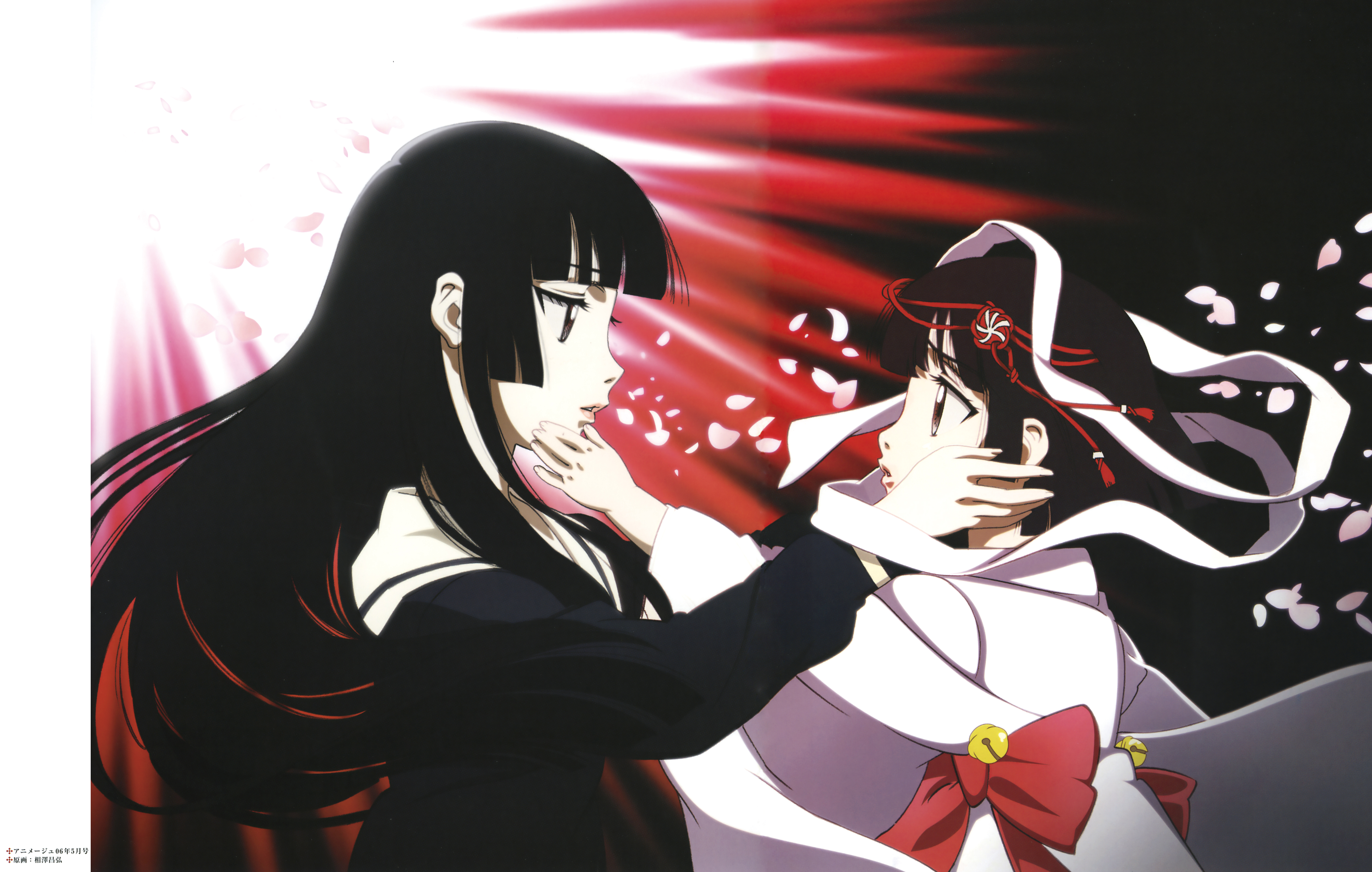 aizawa masahiro, enma ai, jigoku shoujo, absurdres, artbook, highres, scan, 2girls, bell, black hair, black serafuku, dual persona, hand on another's cheek, hand on another's face, japanese clothes, jingle bell, multiple girls, petals, school uniform, serafuku