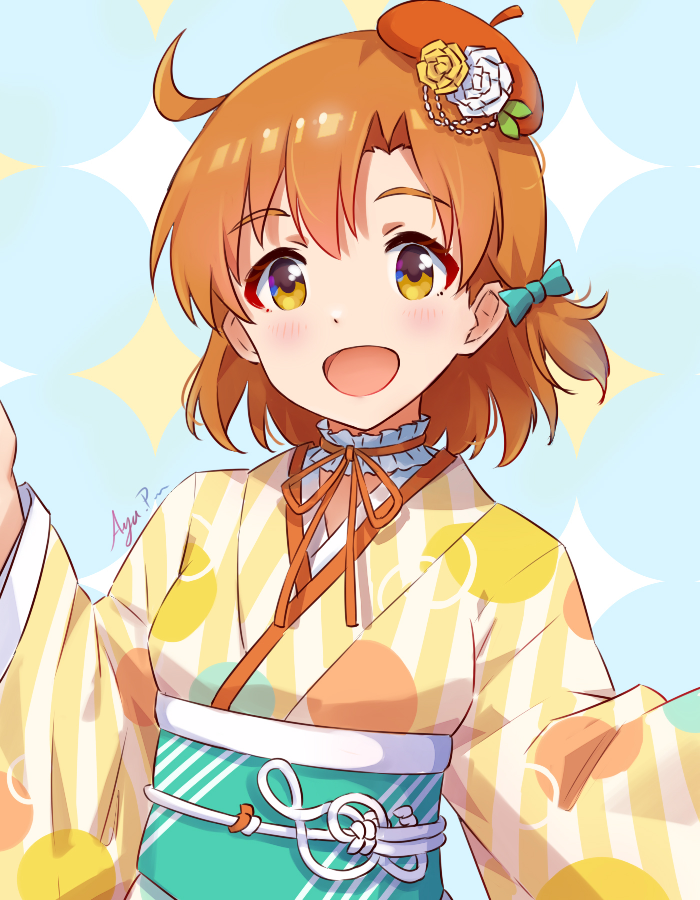 koaya, yabuki kana, idolmaster, idolmaster million live!, commentary request, highres, 1girl, ahoge, artist name, blush, bow, choker, flower, frilled choker, frills, green bow, hair bow, hair flower, hair ornament, hat, japanese clothes, kimono, long sleeves, looking at viewer, obi, open mouth, orange eyes, orange hair, orange hat, sash, short hair, signature, smile, solo, upper body, white flower, wide sleeves, yellow flower, yellow kimono