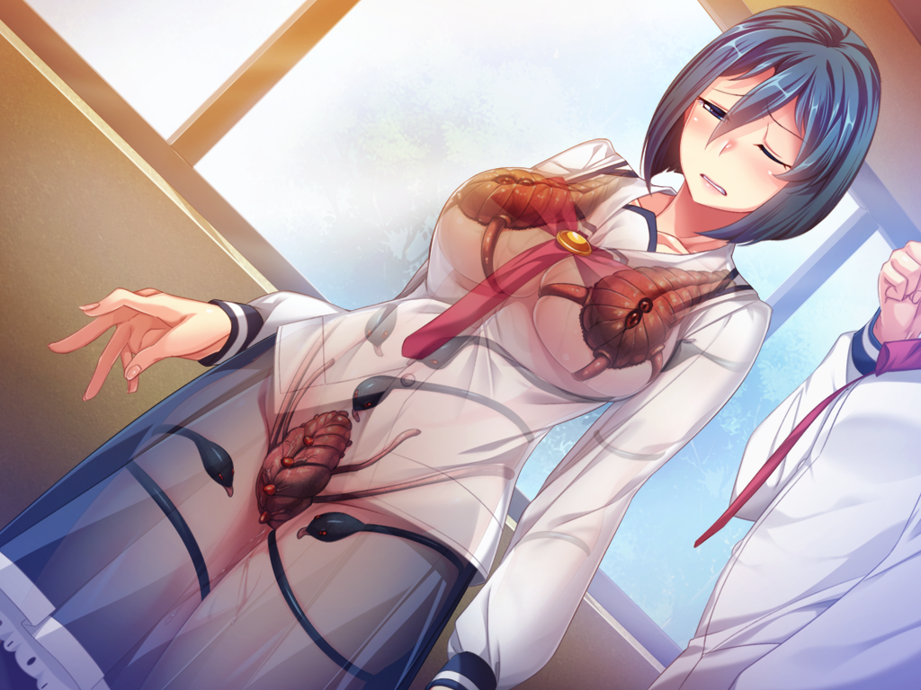 nana g, mizushima aoi, sailor element, game cg, large variant set, non-web source, official art, variant set, 1boy, 1girl, arm at side, beetle, blue eyes, blue hair, blue skirt, blush, breasts, bug, clenched hand, collarbone, day, dutch angle, hair between eyes, hetero, indoors, insect, large breasts, living clothes, long sleeves, mole, necktie, nose blush, one eye closed, open mouth, out of frame, pussy juice, red necktie, school uniform, see-through clothes, see-through silhouette, serafuku, shirt, short hair, skirt, solo focus, standing, tears, teeth, transparent, white shirt, wince, window, x-ray