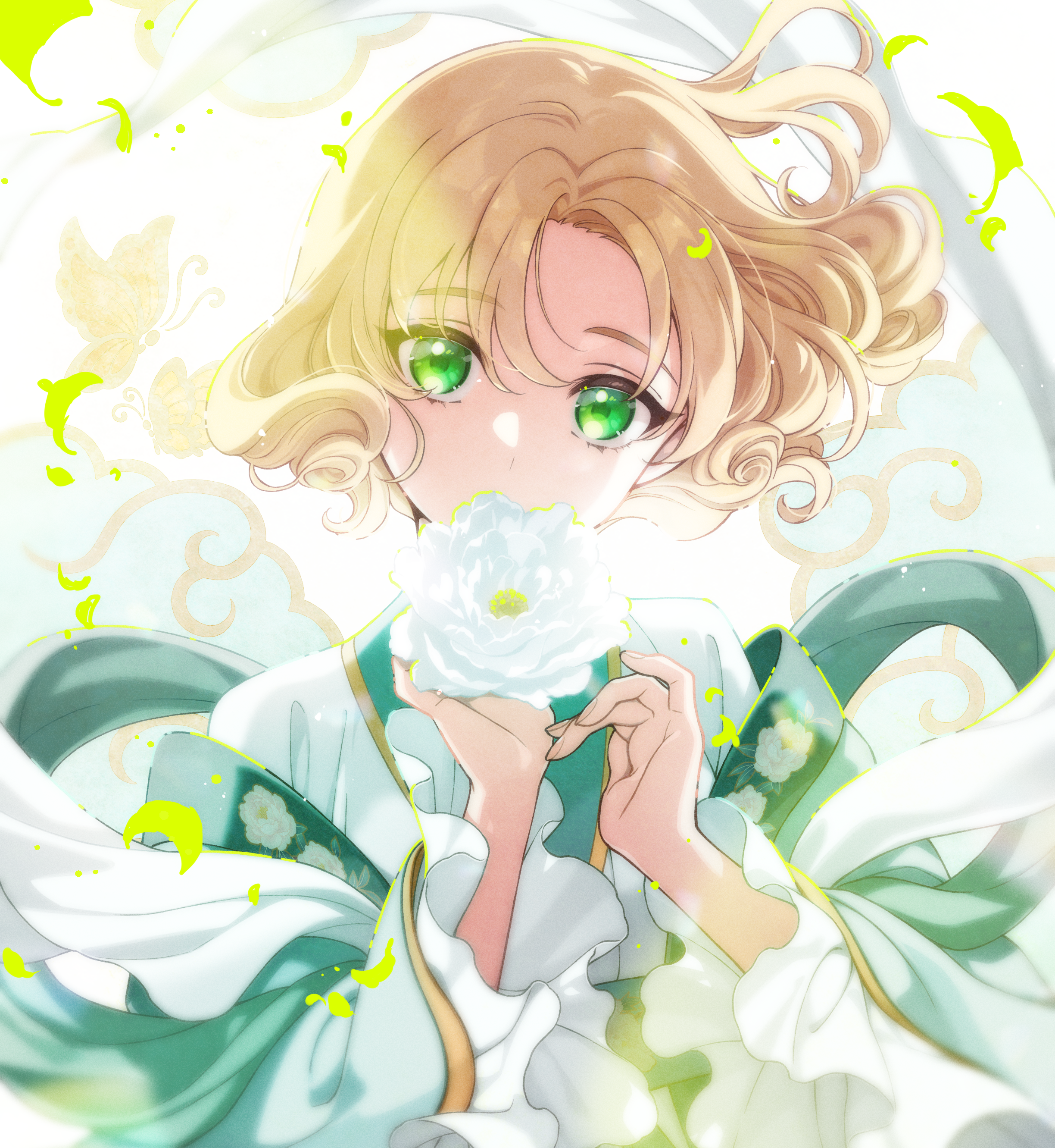 masami (souzou jinsei sanka), hououji fuu, magic knight rayearth, absurdres, commentary request, highres, 1girl, blonde hair, flower, green eyes, holding, holding flower, long sleeves, looking at viewer, solo, upper body, white flower