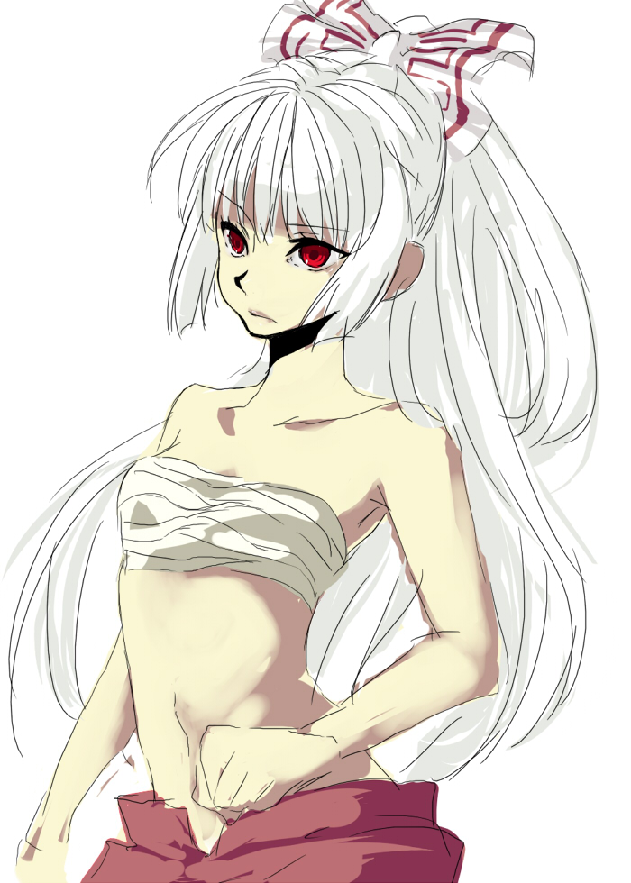 sira tamako, fujiwara no mokou, touhou, silver hair, bad id, bad pixiv id, 1girl, chest sarashi, clenched hand, expressionless, female focus, hair ribbon, long hair, navel, ponytail, red eyes, ribbon, sarashi, simple background, solo, topless female, white background