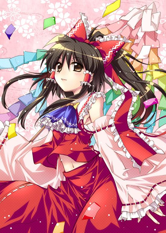 sato-pon, hakurei reimu, subterranean animism, touhou, 1girl, detached sleeves, female focus, japanese clothes, midriff, miko, navel, skirt, solo