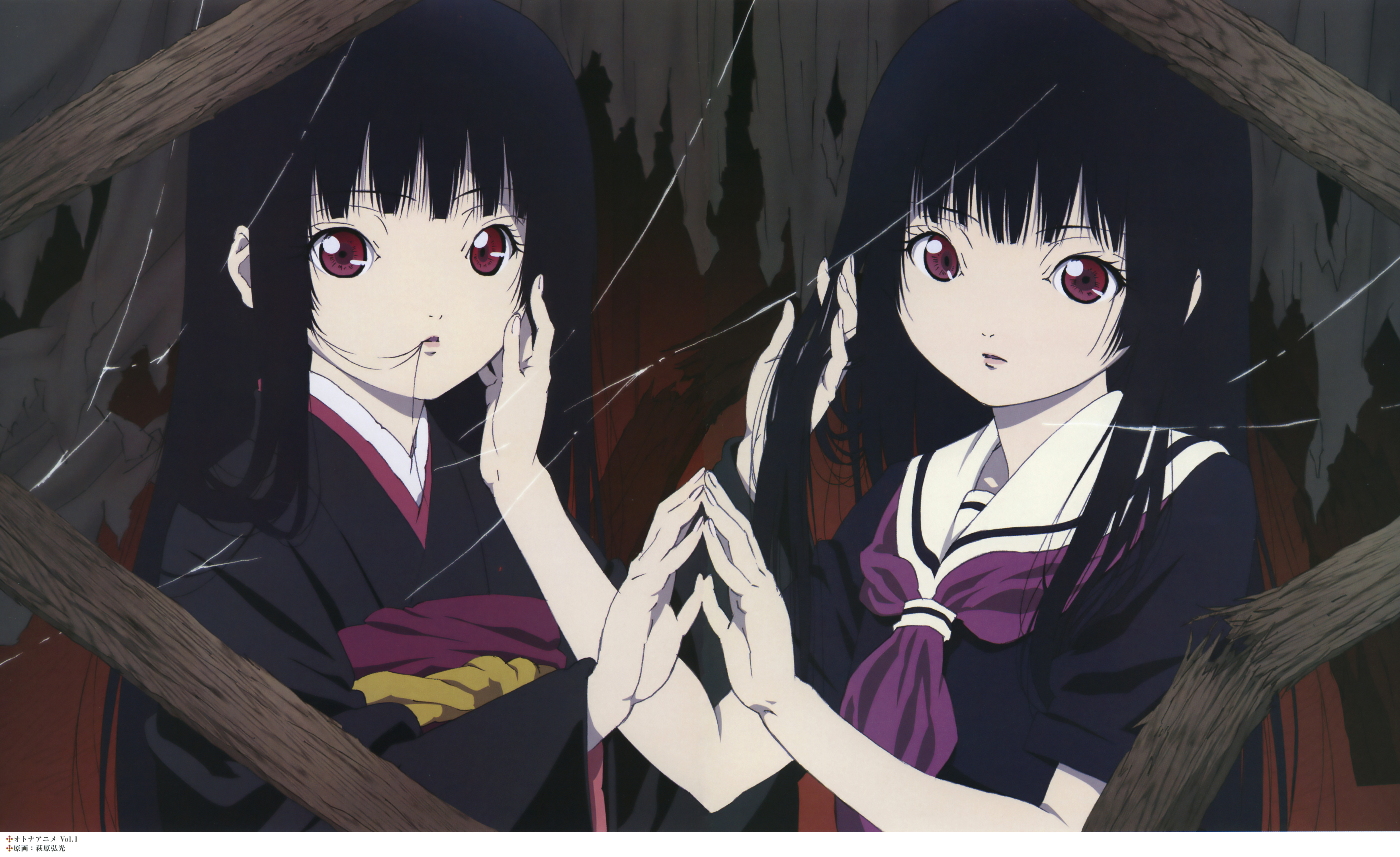 hagiwara hiromitsu, enma ai, jigoku shoujo, absurdres, artbook, highres, scan, 2girls, black hair, black serafuku, dual persona, hair in own mouth, hand on another's face, holding, holding hands, holding own hair, japanese clothes, kimono, lips, looking at viewer, multiple girls, school uniform, serafuku, silk, spider web, upper body
