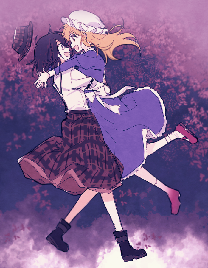 re ghotion, maribel hearn, usami renko, touhou, commentary, 2girls, :d, alternate costume, black boots, black eyes, black hair, blonde hair, boots, bow, carrying, carrying person, collared dress, dress, frilled dress, frills, hand on another's back, hat, hug, jumping, long hair, long sleeves, looking at another, mob cap, multiple girls, open mouth, plaid clothes, plaid hat, plaid skirt, purple dress, red shoes, sash, shirt, shirt tucked in, shoes, short hair, sketch, skirt, sleeve cuffs, sleeve garter, smile, socks, standing, suspender skirt, suspenders, unworn headwear, white bow, white hat, white sash, white shirt, white socks, yuri