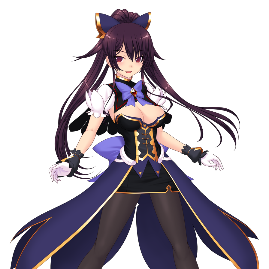 yuugure pairo, sacred noire, yuuki setsu, genseishinki sacred virth, game cg, large variant set, non-web source, official art, variant set, 1girl, black pantyhose, bow, breasts, cleavage, gloves, hair ornament, large breasts, long hair, looking at viewer, magical girl, open mouth, pantyhose, ponytail, purple hair, red eyes, skirt, smile, solo, transparent background, white gloves