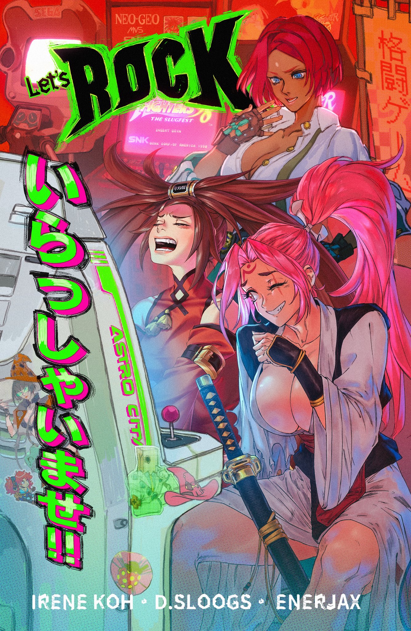 david liu, baiken, giovanna (guilty gear), kuradoberi jam, guilty gear, guilty gear strive, commentary, english commentary, highres, 3girls, arcade cabinet, bare shoulders, blue eyes, breasts, brown hair, china dress, chinese clothes, cleavage, dark-skinned female, dark skin, dress, group picture, high ponytail, japanese clothes, kimono, large breasts, long hair, multiple girls, one eye closed, parted lips, pink hair, ponytail, red dress, shirt, short hair, sitting, smile, standing, white kimono, white shirt