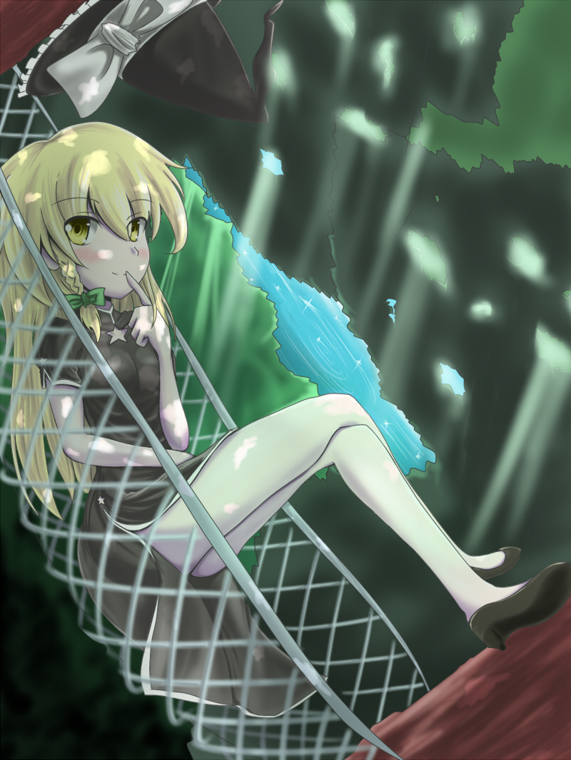 caffellatte, kirisame marisa, touhou, bad id, bad pixiv id, 1girl, blonde hair, braid, dress, female focus, finger to mouth, forest, hat, long hair, nature, outdoors, plant, sky, solo, witch, witch hat, yellow eyes