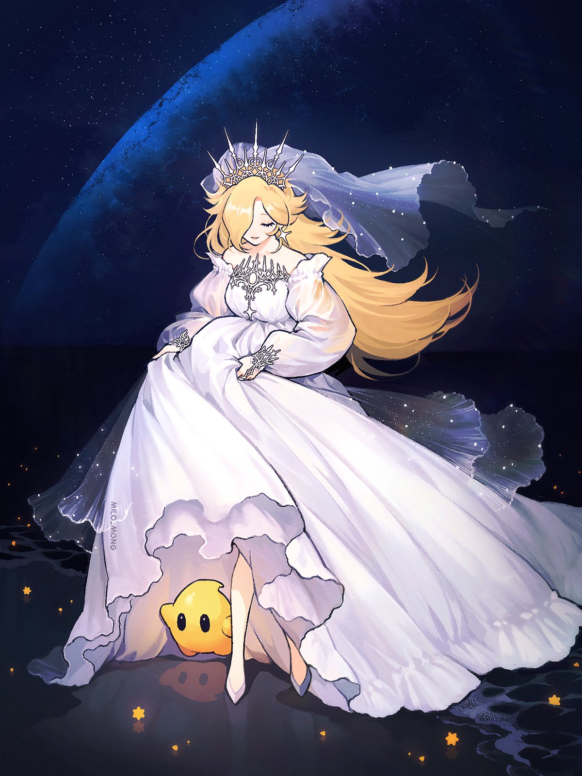 mong (mong milo), luma (mario), rosalina, mario (series), nintendo, super mario galaxy, commentary, highres, symbol-only commentary, 1girl, alternate costume, bare shoulders, blonde hair, blue background, breasts, closed eyes, closed mouth, dark background, dress, full body, hair over one eye, large breasts, long hair, reflection, see-through clothes, see-through veil, solo focus, veil, white dress, white veil