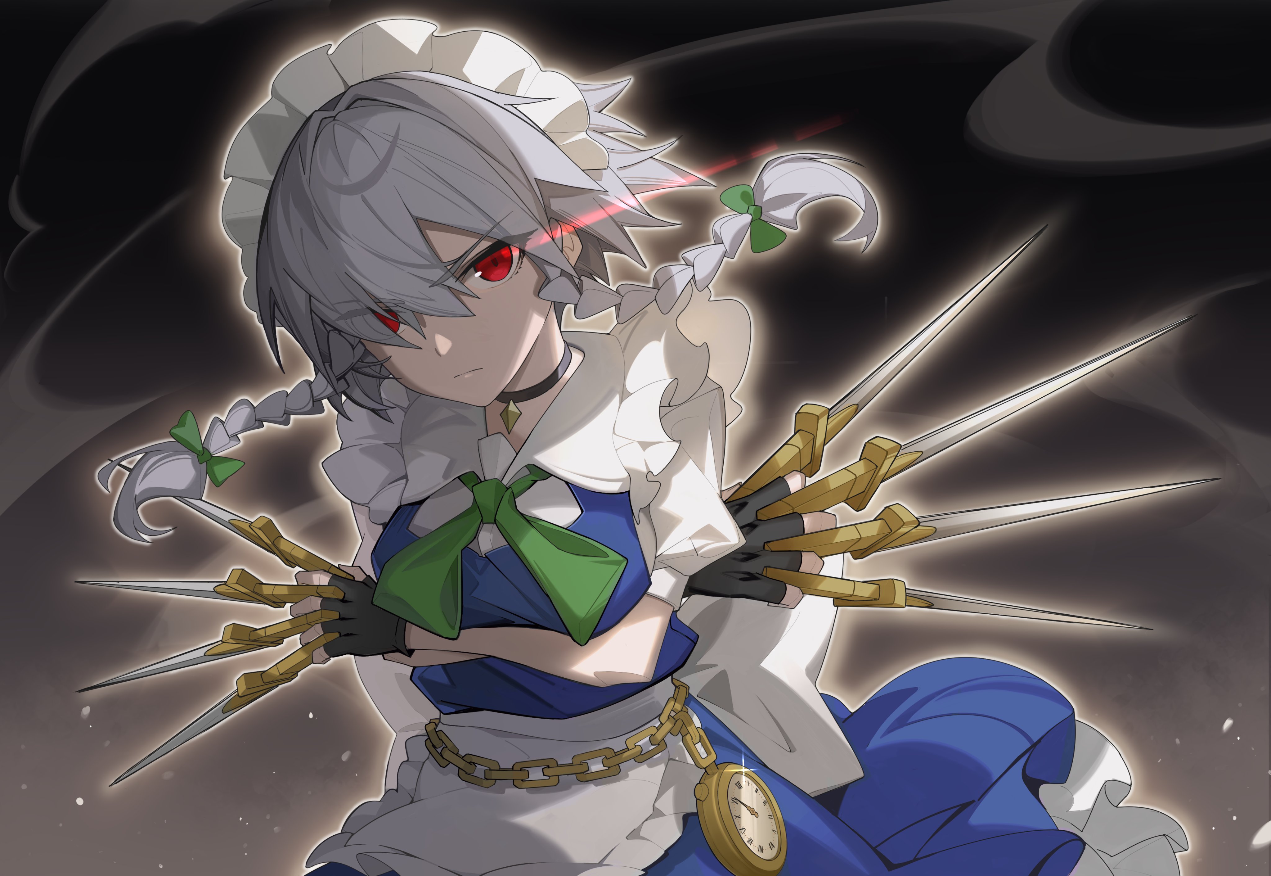 devilkillerx, izayoi sakuya, touhou, absurdres, chinese commentary, commentary request, highres, 1girl, apron, back bow, between fingers, black choker, black gloves, blue dress, bow, braid, choker, closed mouth, crossed arms, dress, eye trail, fingerless gloves, gloves, green bow, grey hair, hair bow, holding, holding knife, knife, knives between fingers, light trail, long hair, looking at viewer, maid, maid headdress, pocket watch, solo, twin braids, waist apron, watch, white bow