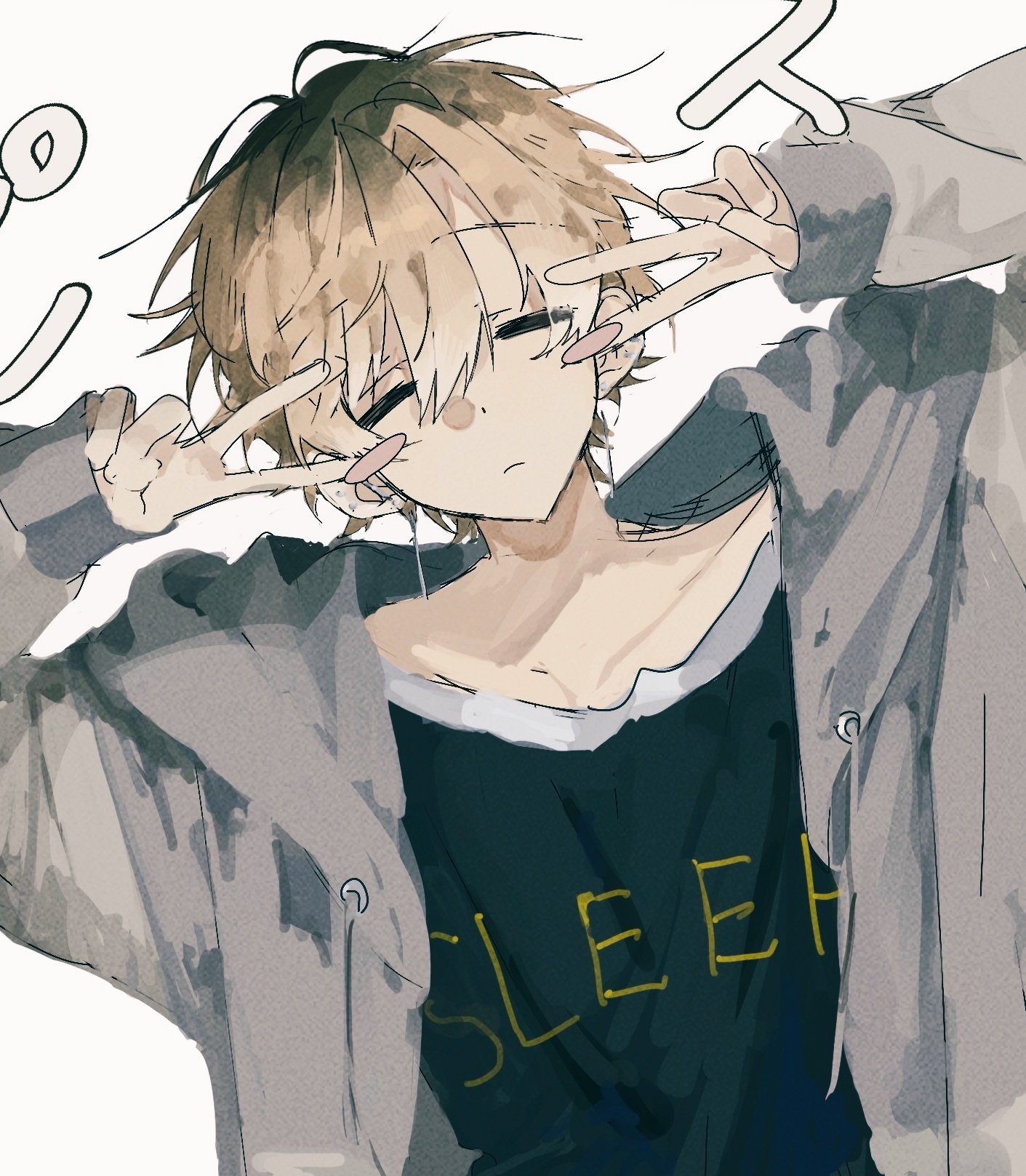 original, commentary request, highres, 1boy, arms up, black shirt, brown hair, closed eyes, closed mouth, double v, facing viewer, grey jacket, hair between eyes, hood, hood down, hooded jacket, jacket, long sleeves, male focus, multicolored hair, open clothes, open jacket, roots (hair), shirt, short hair, simple background, sini user, solo, upper body, v, white background