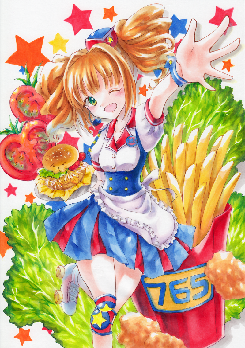 ichiha sanami, takatsuki yayoi, idolmaster, commentary request, marker (medium), traditional media, 1girl, ;d, apron, back bow, bad arm, badge, blue dress, bow, breasts, brown hair, burger, button badge, buttons, carhop, chicken (food), double-breasted, dress, drill hair, food, french fries, fried chicken, frilled apron, frills, holding, holding plate, knee pads, lettuce, one eye closed, open mouth, outstretched arm, plate, pleated dress, puffy short sleeves, puffy sleeves, roller skates, shirt, short hair, short sleeves, skates, small breasts, smile, solo, star (symbol), tomato, twin drills, waist apron, waitress, white apron, white background, white shirt