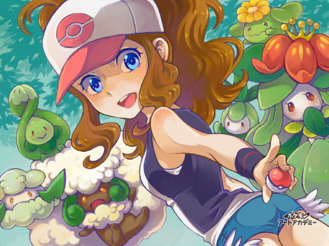saikachi (ogre tree), budew, cottonee, hilda (pokemon), lilligant, petilil, skiploom, whimsicott, nintendo, pokemon, pokemon bw, commentary request, 1girl, :d, art academy (medium), ass, bare shoulders, baseball cap, black vest, blue eyes, blue shorts, breasts, brown hair, cutoffs, flat ass, gen 2 pokemon, gen 4 pokemon, gen 5 pokemon, hat, holding, holding poke ball, long hair, medium breasts, micro shorts, open clothes, open mouth, open vest, poke ball, poke ball (basic), pokemon (creature), ponytail, shirt, shorts, sidelocks, sleeveless, sleeveless shirt, smile, teeth, twisted torso, upper teeth only, vest, white shirt, wristband