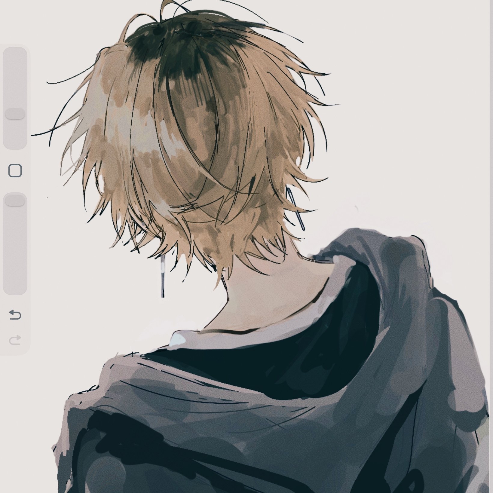 original, commentary request, highres, 1boy, art program in frame, brown hair, earrings, facing away, from behind, grey jacket, hood, hood down, hooded jacket, jacket, jewelry, male focus, multicolored hair, roots (hair), short hair, simple background, sini user, solo, upper body, white background