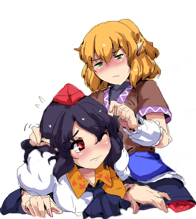 magukappu, mizuhashi parsee, shameimaru aya, touhou, 2girls, black hair, blonde hair, blush, female focus, green eyes, hat, multiple girls, pointy ears, red eyes, short hair, sketch, tokin hat, wince