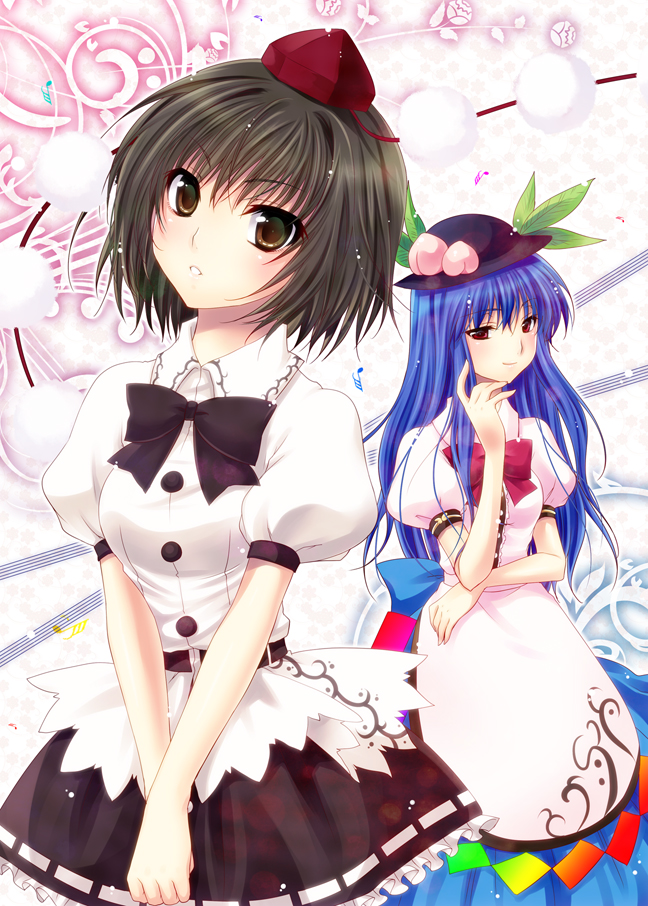 yukian, hinanawi tenshi, shameimaru aya, touhou, 2girls, black hair, blue hair, brown eyes, brown hair, female focus, food, fruit, hat, long hair, multiple girls, peach, red eyes, short hair, tokin hat