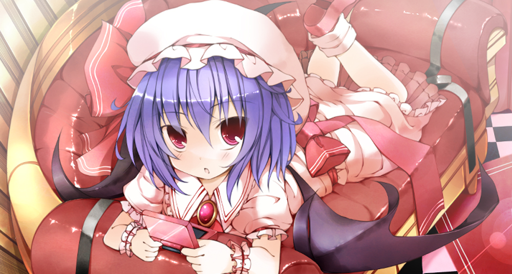 hoshikuzu, remilia scarlet, touhou, 1girl, bat wings, female focus, handheld game console, nintendo ds, purple hair, red eyes, short hair, solo, wings