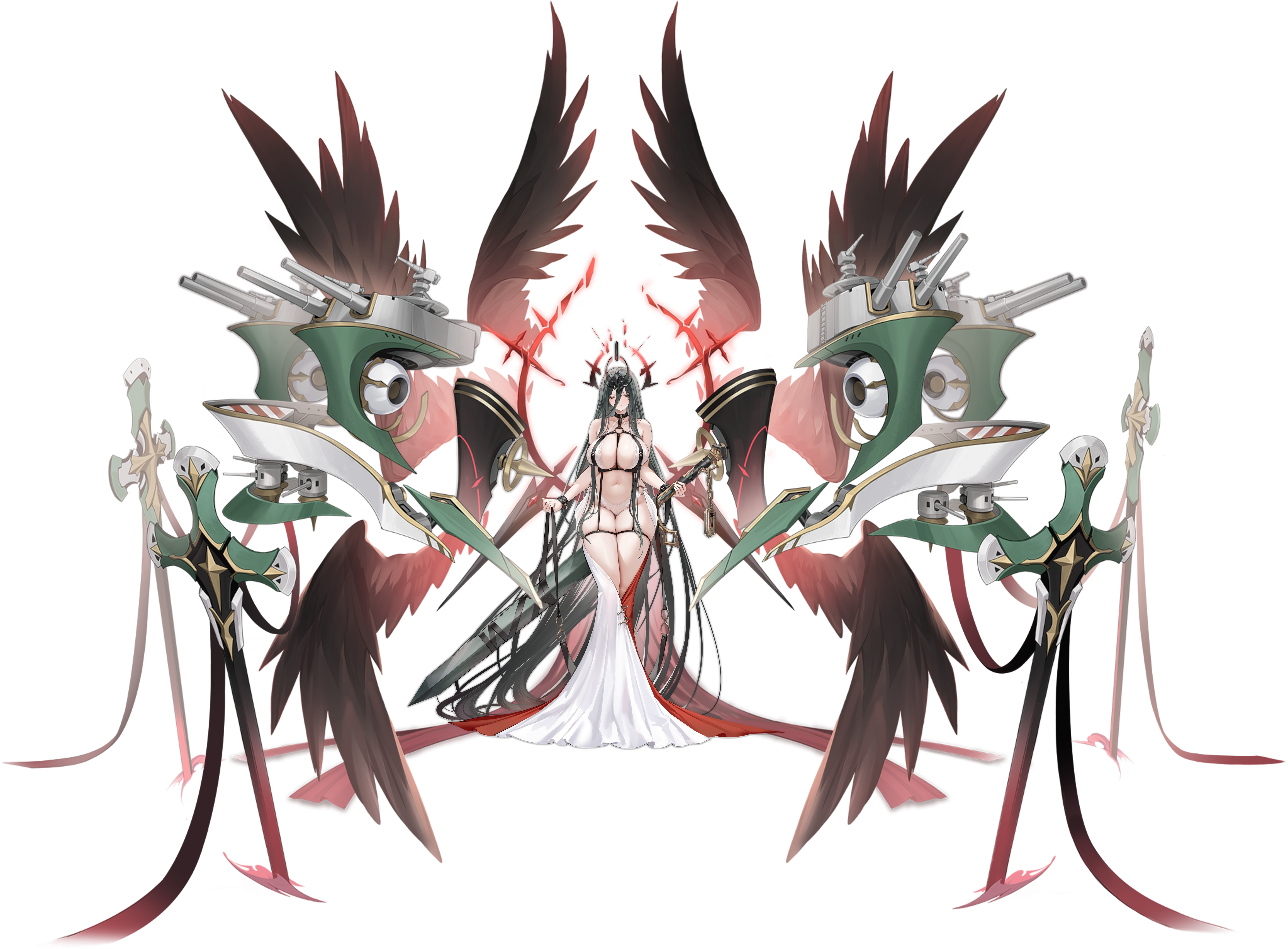 francesco caracciolo (azur lane), azur lane, absurdres, artist request, highres, non-web source, official art, 1girl, absurdly long hair, bare shoulders, black hair, bra, breasts, cleavage, closed eyes, hair between eyes, halo, holding, holding own hair, horns, large breasts, long hair, navel, o-ring, o-ring bottom, o-ring panties, panties, red halo, rigging, skindentation, solo, thick thighs, thighs, underwear, underwear only, very long hair, white bra, white panties