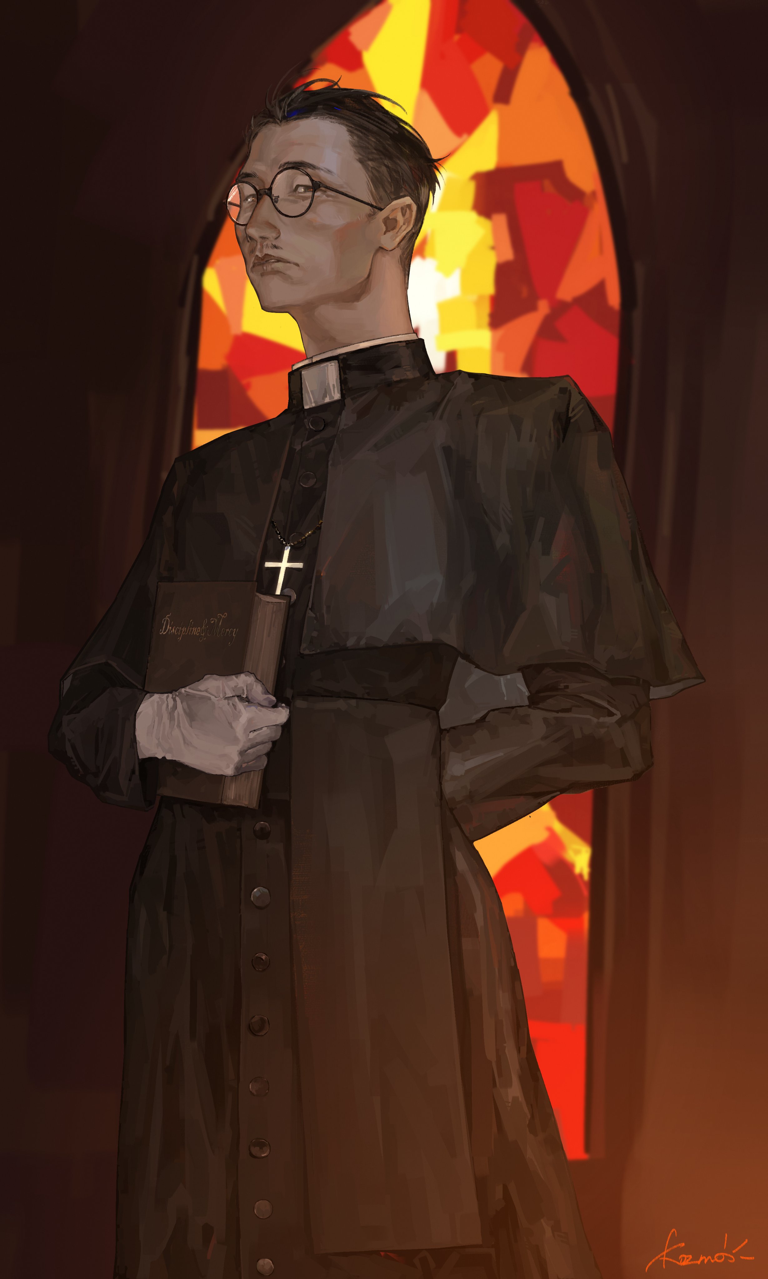kim kitsuragi, disco elysium, absurdres, commentary, english commentary, highres, 1boy, aegyo sal, arched window, arm behind back, black eyes, black hair, book, cassock, clerical collar, cowboy shot, cross pendant, expressionless, facial hair, glasses, gloves, holding, holding book, indoors, kozmoraven1610, looking at viewer, male focus, mustache, priest, short hair, sideburns, solo, stained glass, standing, white gloves, window