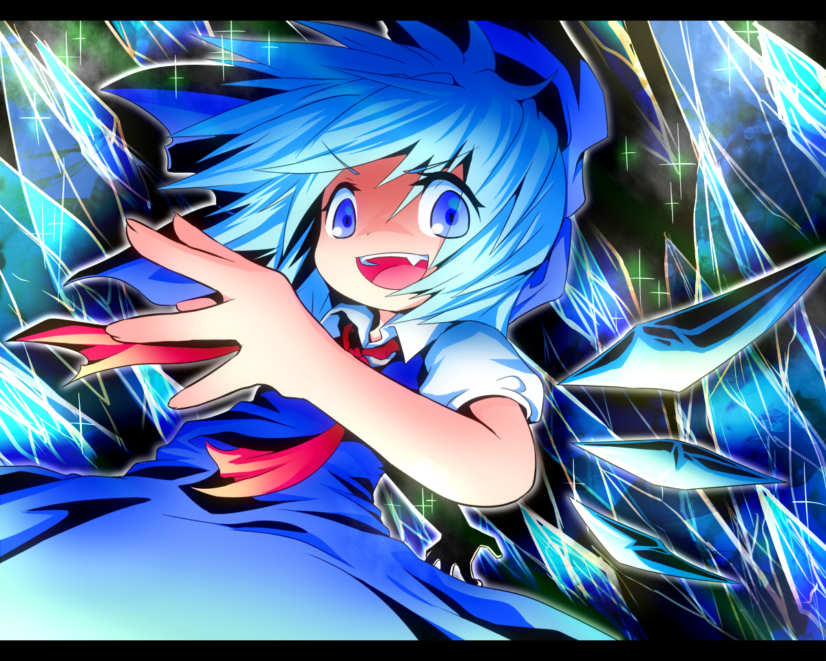 ayakashi (monkeypanch), cirno, embodiment of scarlet devil, touhou, bad id, bad pixiv id, blue eyes, blue hair, bow, fang, hair bow, ice, letterboxed, ribbon, short hair, solo, wings