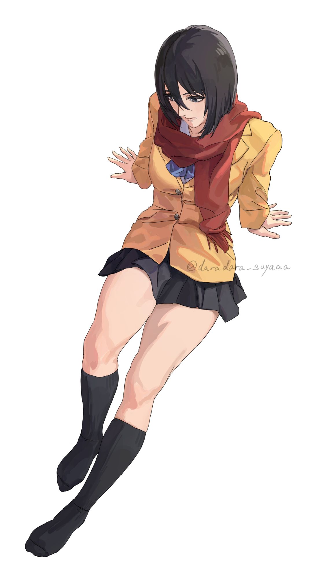 darao (daradara suyaaa), mikasa ackerman, shingeki no kyojin, commentary request, highres, 1girl, alternate costume, arm support, black hair, black skirt, black socks, blue bow, blue bowtie, bow, bowtie, closed mouth, from above, full body, hair between eyes, jacket, knee up, kneehighs, knees, legs, long sleeves, medium hair, miniskirt, no shoes, pleated skirt, red scarf, scarf, school uniform, sitting, skirt, socks, solo, thighs, twitter username, white background, yellow jacket