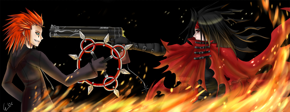 axel, vincent valentine, dirge of cerberus: final fantasy vii, final fantasy, final fantasy vii, final fantasy vii: advent children, kingdom hearts, black hair, chakram, crossover, face off, fire, gun, red hair, weapon