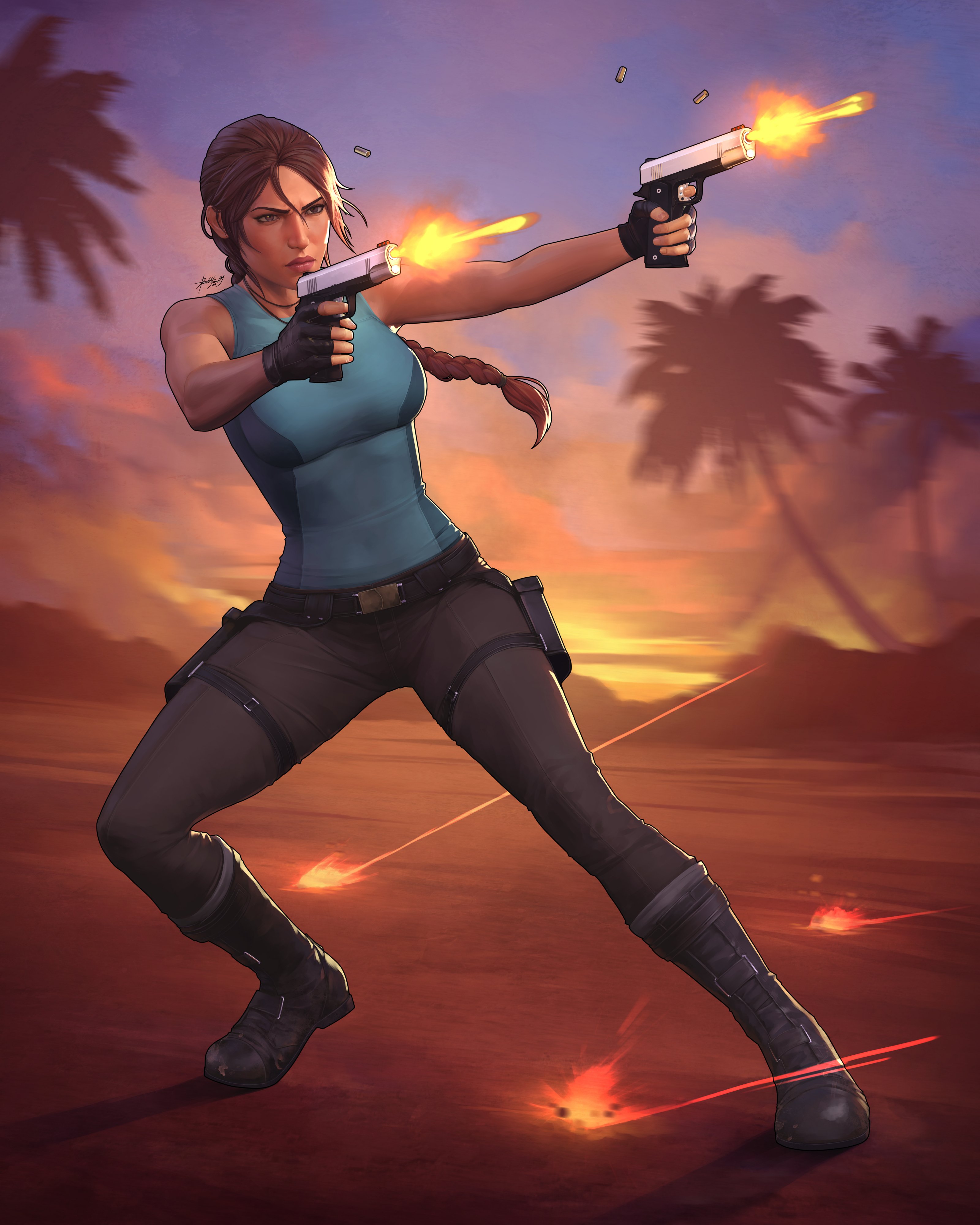 dalejomej, lara croft, tomb raider, absurdres, clip studio paint (medium), commentary, english commentary, highres, 1girl, belt, blurry, blurry background, boots, braid, breasts, brown eyes, brown hair, bullet, cloud, cloudy sky, facing to the side, finger on trigger, fingerless gloves, firing, full body, gloves, gun, holding, holding gun, holding weapon, holster, jewelry, leaning to the side, motion blur, necklace, outdoors, palm tree, pants, partially shaded face, realistic, shell casing, signature, sky, solo, solo focus, sunset, tank top, thigh holster, tight clothes, tree, weapon