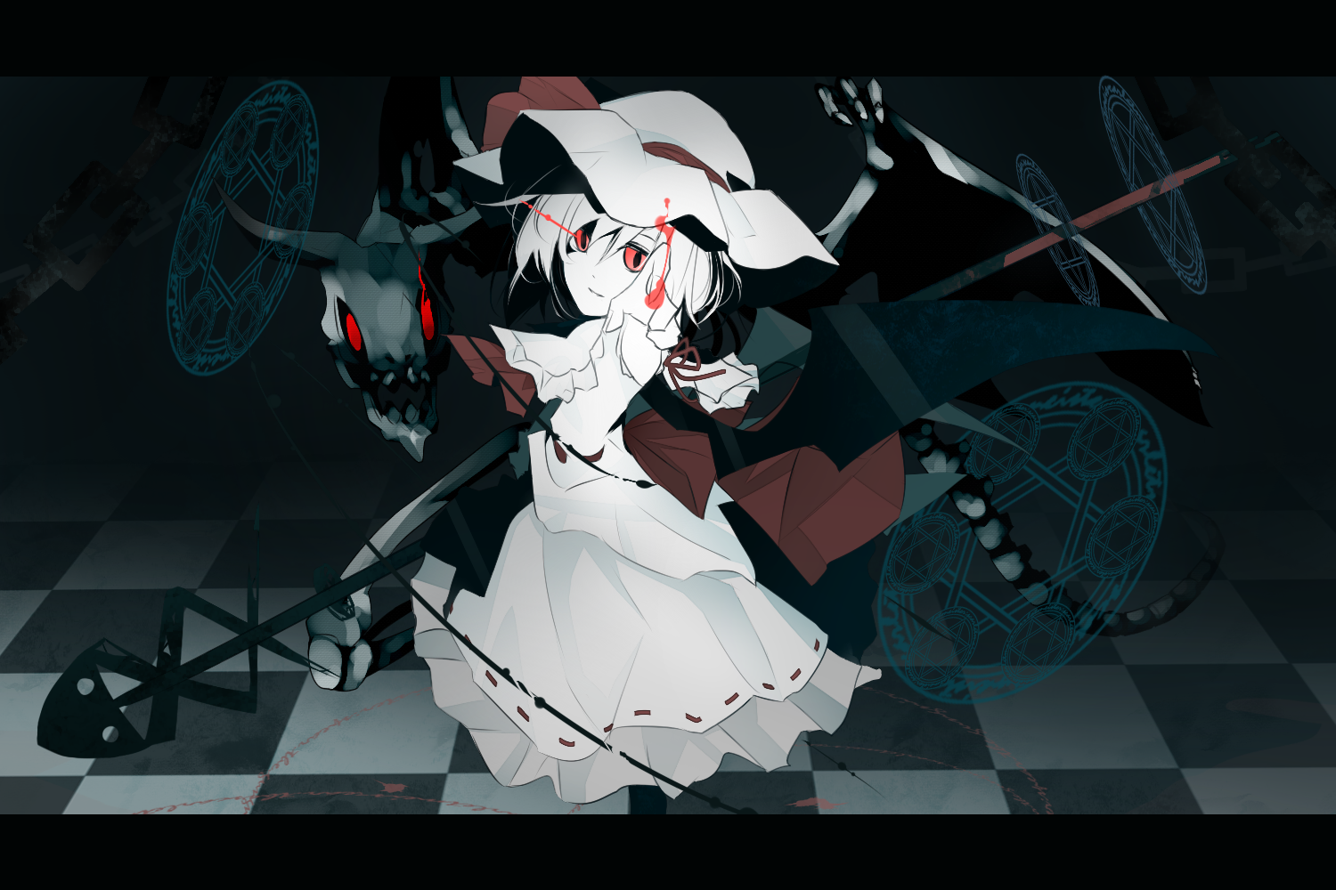 kazeharu, remilia scarlet, touhou, 1girl, checkered floor, female focus, floor, letterboxed, magic circle, monster, perspective, red eyes, rune (magic), skeleton, solo, wings