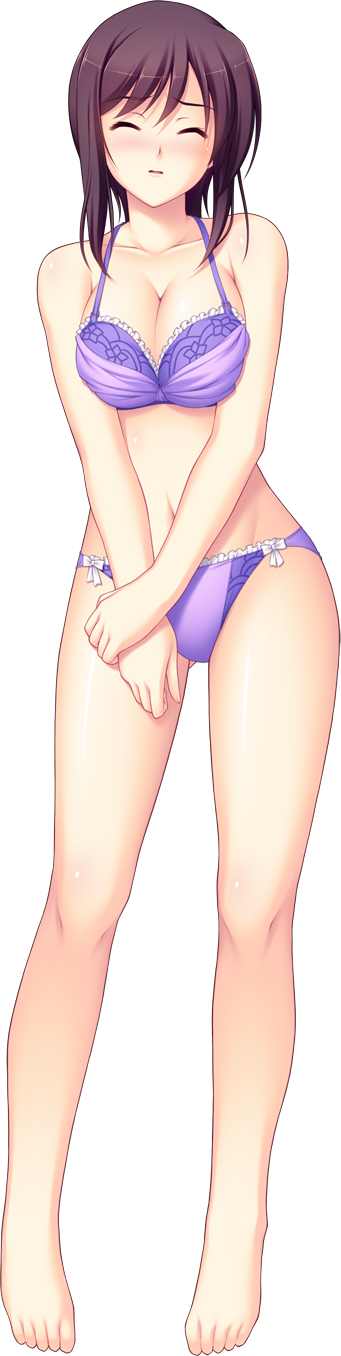 tsukumo kazuita, shizumi suzune, nerawareta megami tenshi angel tear, game cg, highres, large variant set, non-web source, official art, variant set, 1girl, barefoot, blush, bra, breasts, brown hair, cleavage, closed eyes, full body, large breasts, long hair, navel, panties, purple bra, purple panties, solo, standing, tachi-e, transparent background, underwear, underwear only