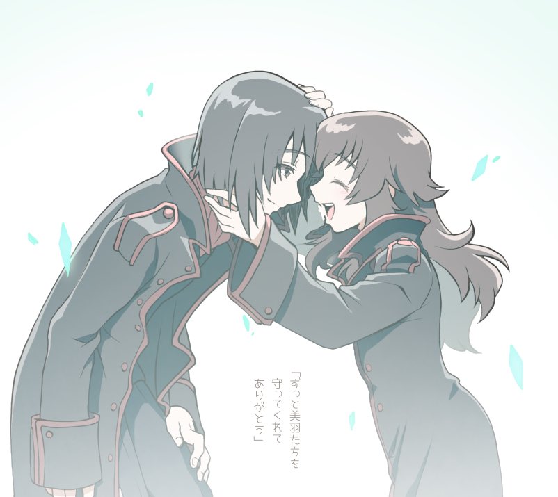 nagi (exsit00), hino miwa, makabe kazuki, soukyuu no fafner, commentary request, 1boy, 1girl, black coat, black hair, brown hair, closed eyes, coat, facing another, headpat, high collar, leaning forward, long hair, looking at another, open clothes, open coat, short hair, simple background, sleeve cuffs, smile, white background