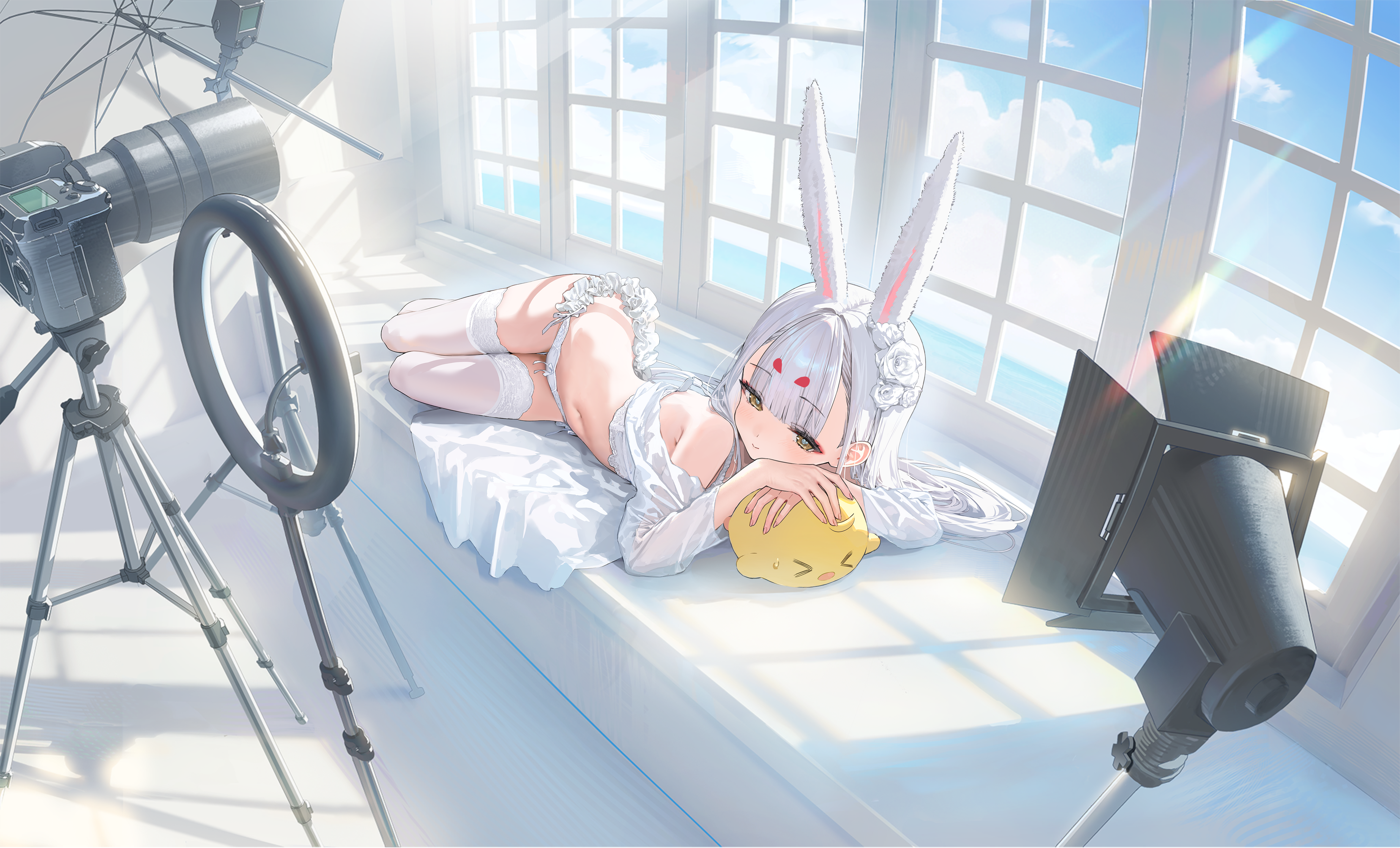 manjuu (azur lane), shimakaze (azur lane), azur lane, absurdres, artist request, highres, non-web source, official art, 1girl, animal ears, bed, blue sky, bow, bow panties, brown eyes, camera, flower, food, frilled panties, frills, hair flower, hair ornament, indoors, long hair, lying, navel, no pants, ocean, off shoulder, on side, panties, rabbit ears, rabbit girl, shirt, sky, spotlight, steamed bun, stomach, thighhighs, thighs, underwear, very long hair, white hair, white panties, white shirt, white thighhighs, window