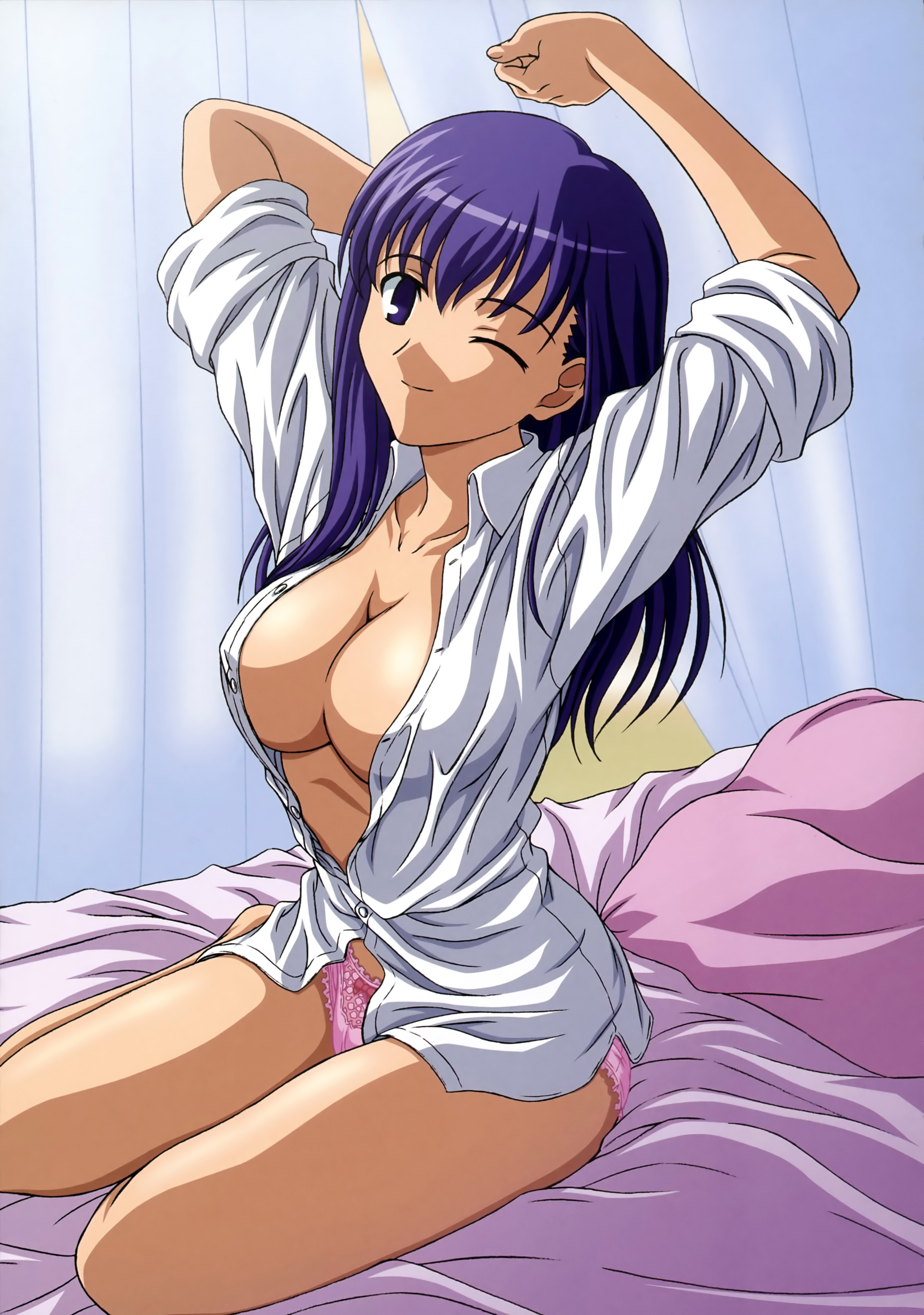 ishihara megumi, matou sakura, fate/stay night, fate (series), absurdres, highres, 1girl, bed, blouse, breasts, cleavage, dress shirt, female focus, large breasts, no bra, no pants, on bed, one eye closed, open clothes, open shirt, panties, pillow, pink panties, purple eyes, purple hair, shirt, sitting, sleeves rolled up, solo, stretching, unbuttoned, underwear, white shirt, wink, yokozuwari