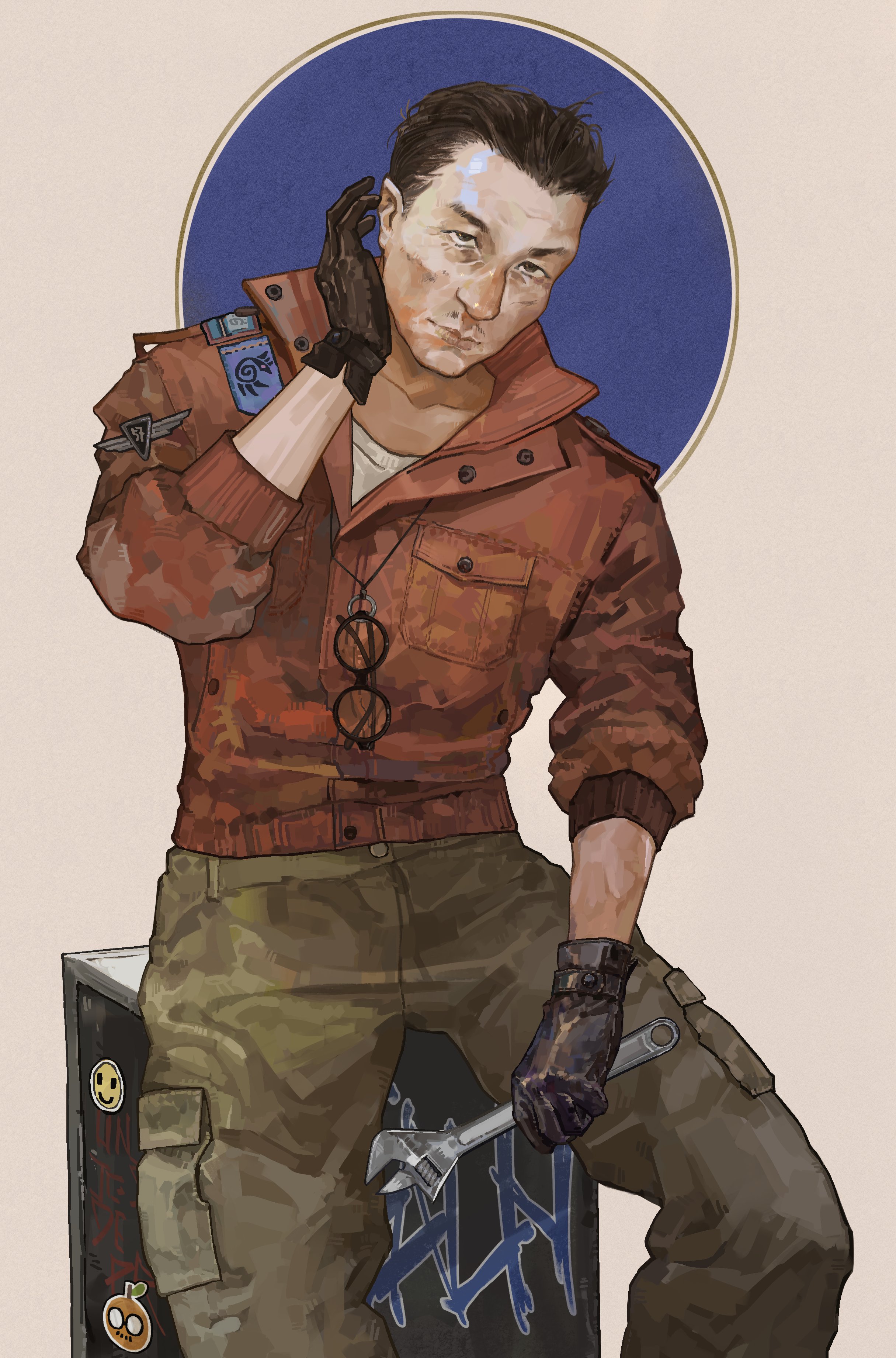 kim kitsuragi, disco elysium, absurdres, commentary, english commentary, highres, textless version, 1boy, aegyo sal, black eyes, black gloves, black hair, bomber jacket, crow's feet, expressionless, facial hair, feet out of frame, gloves, hand on own face, head tilt, holding, holding wrench, jacket, kozmoraven1610, looking to the side, male focus, mustache stubble, no eyewear, orange jacket, shirt, short hair, sitting, smile, solo, stubble, unworn eyewear, white shirt, wrench