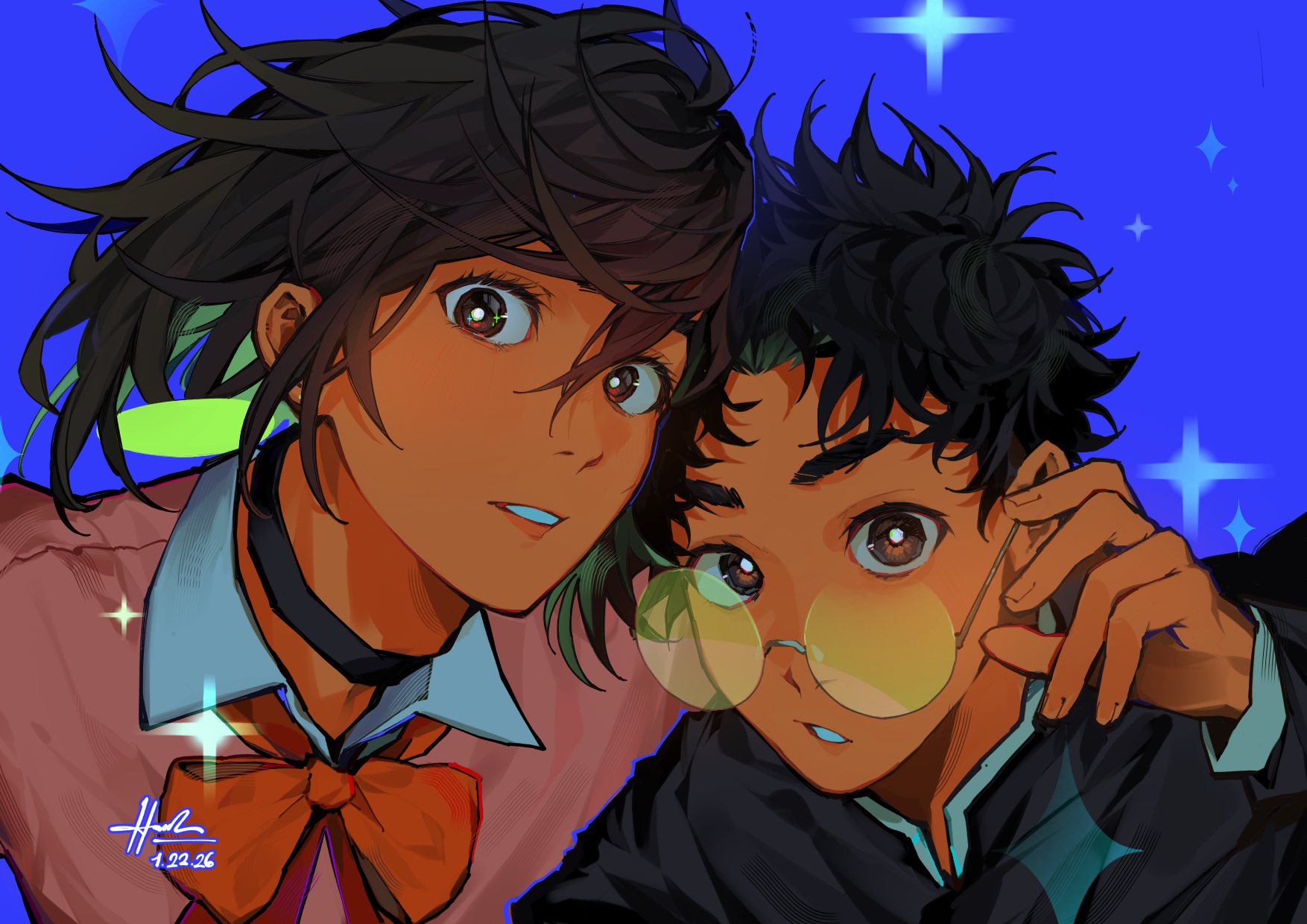 hanmdin, ayase momo, takakura ken (dandadan), dandadan, hashtag-only commentary, highres, 1boy, 1girl, black choker, black hair, black jacket, blue background, bow, bowtie, brown eyes, brown hair, choker, dated, earrings, floating hair, gakuran, glasses, hair between eyes, heads together, jacket, jewelry, kami high school uniform, looking at viewer, messy hair, parted lips, pink sweater, red bow, red bowtie, round eyewear, school uniform, shirt, shirt under sweater, short hair, signature, sparkle, sparkle background, sweater, upper body, white shirt, wing collar