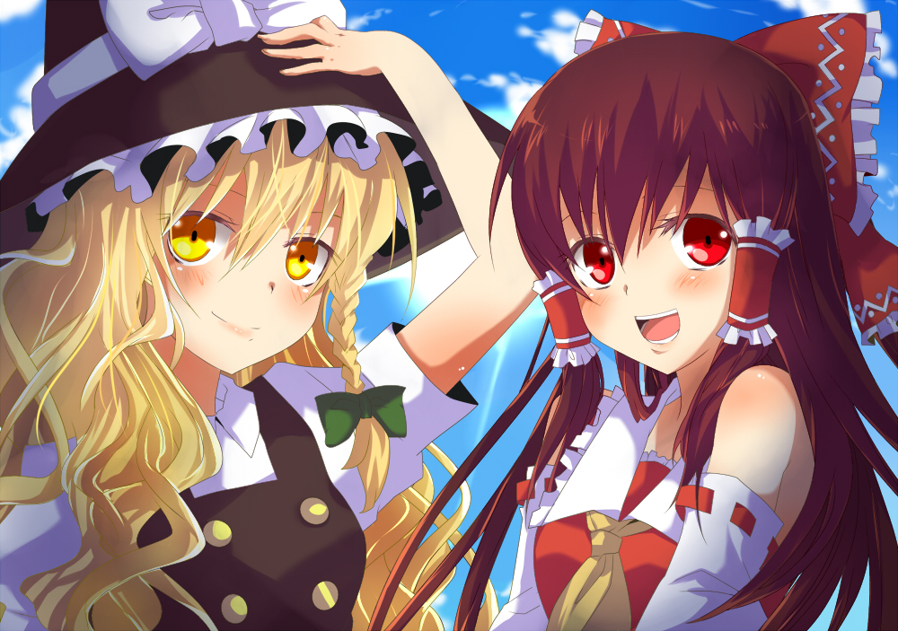 chirosuke, pun2, hakurei reimu, kirisame marisa, touhou, bad id, bad pixiv id, colorized, 2girls, bare shoulders, blonde hair, bow, braid, brown hair, detached sleeves, female focus, hair bow, hand on headwear, hat, japanese clothes, long hair, miko, multiple girls, open mouth, red eyes, short hair, side braid, smile, upper body, witch, witch hat, yellow eyes