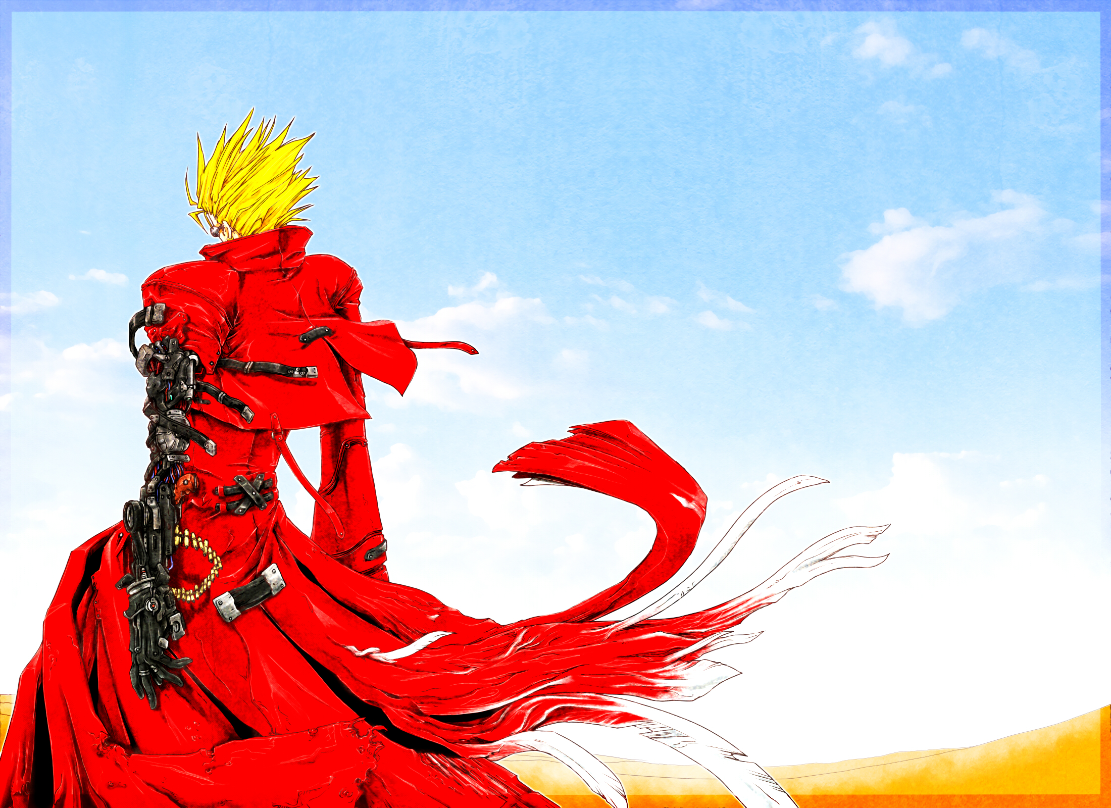ledjoker07, vash the stampede, trigun, highres, 1boy, back, belt, blonde hair, bullet, cloud, coat, desert, earrings, high collar, jewelry, long coat, male focus, manly, mechanical arms, prosthesis, prosthetic arm, red coat, sand, short hair, single mechanical arm, sky, solo, spiked hair, sunglasses, torn clothes, wind