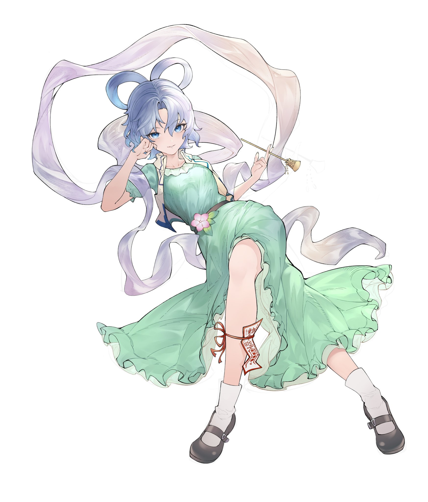 devilkillerx, kaku seiga, touhou, chinese commentary, commentary request, highres, 1girl, blue eyes, blue hair, closed mouth, crossed legs, dress, full body, green dress, hagoromo, hair ornament, hair rings, hair stick, looking at viewer, ofuda, open clothes, open vest, shawl, simple background, smile, socks, solo, vest, white background, white socks, white vest
