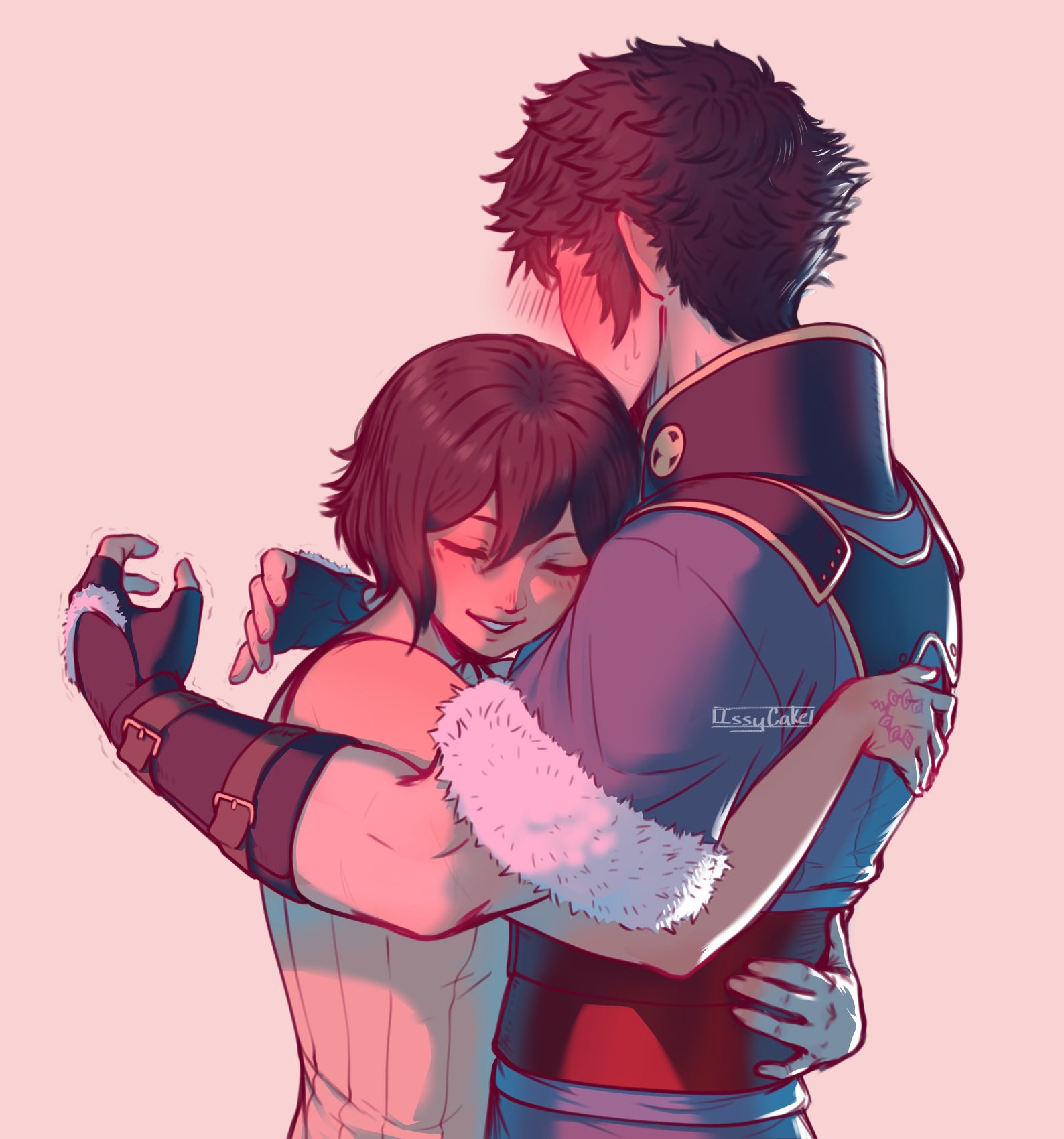 issycake, female robin (fire emblem), lon'qu (fire emblem), fire emblem, fire emblem awakening, nintendo, commentary, english commentary, highres, 1boy, 1girl, artist name, bare shoulders, black hair, blush, closed eyes, embarrassed, eyes of grima, fur trim, grin, hair between eyes, hand tattoo, height difference, hug, official alternate hairstyle, short hair, simple background, sleeveless, smile, tattoo, trembling