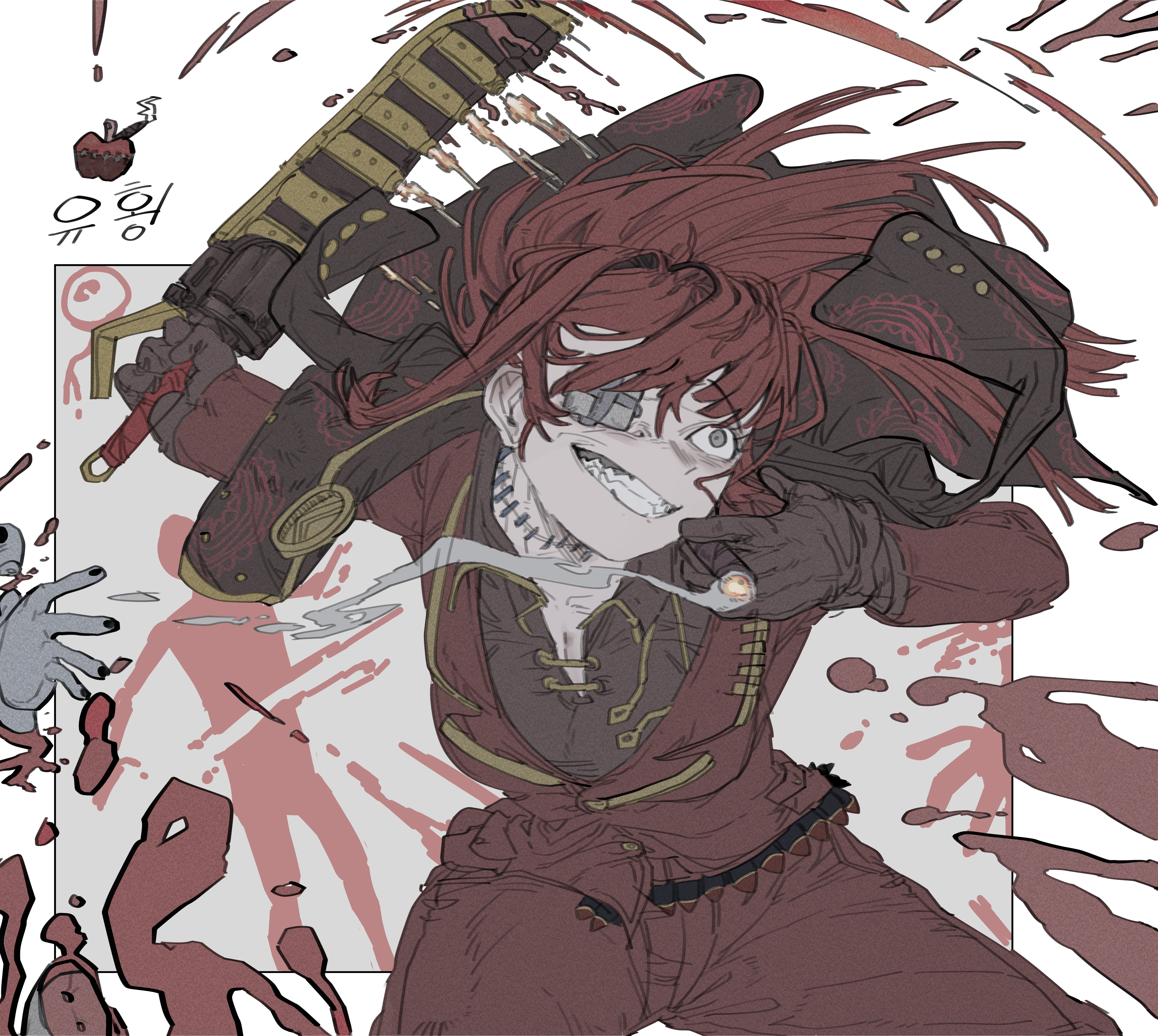 lei heng (project moon), yuri (project moon), limbus company, project moon, absurdres, commentary request, highres, korean commentary, 1girl, ammunition belt, battle, brown gloves, brown shirt, cigar, clenched teeth, coat, coat on shoulders, collared shirt, cosplay, floating hair, gauze, gauze over eye, gloves, gold trim, grin, gunblade, holding, holding cigar, holding sword, holding weapon, jacket, lapels, lei heng (project moon) (cosplay), long hair, long sleeves, notched lapels, pants, red hair, red jacket, red pants, shirt, smile, solo, stitched neck, stitches, sword, teeth, user vdfv8273, weapon