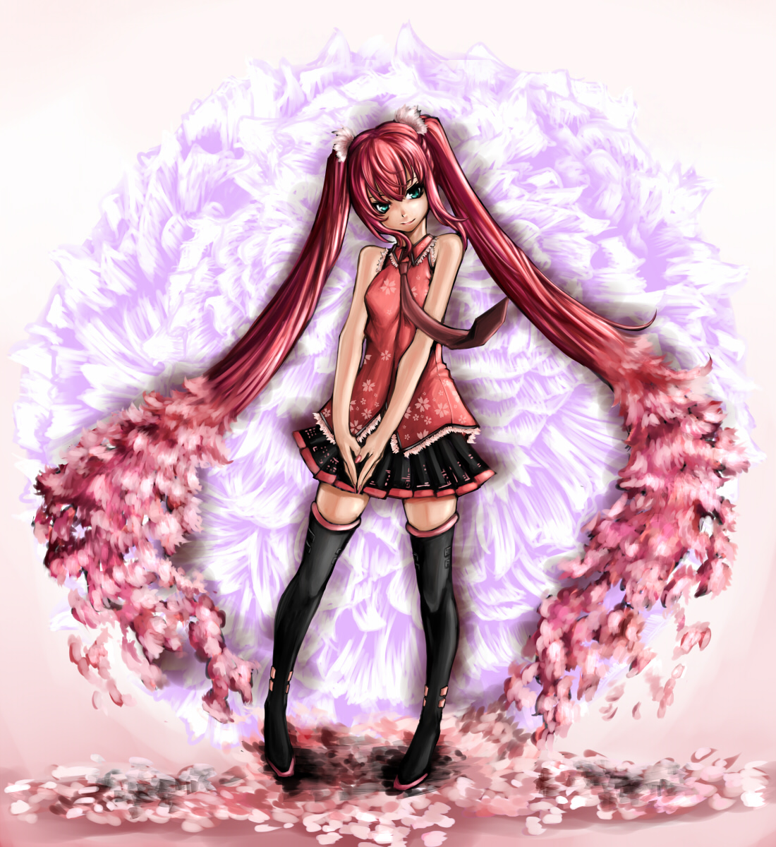 eiji (eiji), hatsune miku, sakura miku, vocaloid, highres, 1girl, alternate color, aqua eyes, black boots, boots, cherry blossoms, female focus, legs, long hair, name connection, necktie, object namesake, petals, pink hair, skirt, smile, solo, thighhighs, twintails, very long hair, zettai ryouiki