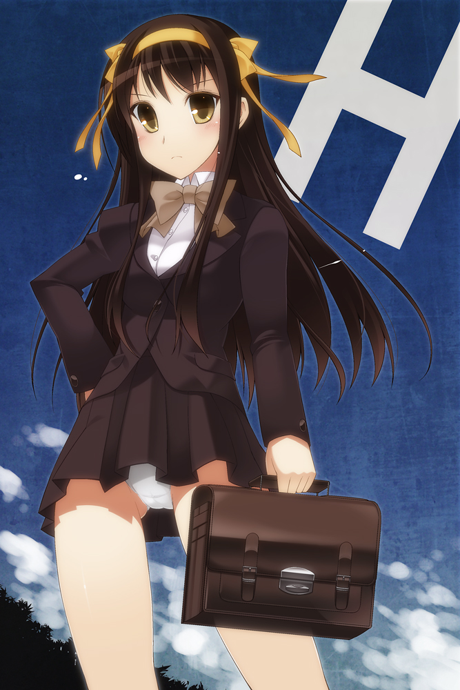 ohta yuichi, suzumiya haruhi, suzumiya haruhi no shoushitsu, suzumiya haruhi no yuuutsu, bad id, bad pixiv id, 10s, 1girl, brown hair, female focus, h (letter), hair ribbon, kouyouen academy school uniform, long hair, official alternate hair length, official alternate hairstyle, panties, ribbon, school uniform, solo, underwear, white panties