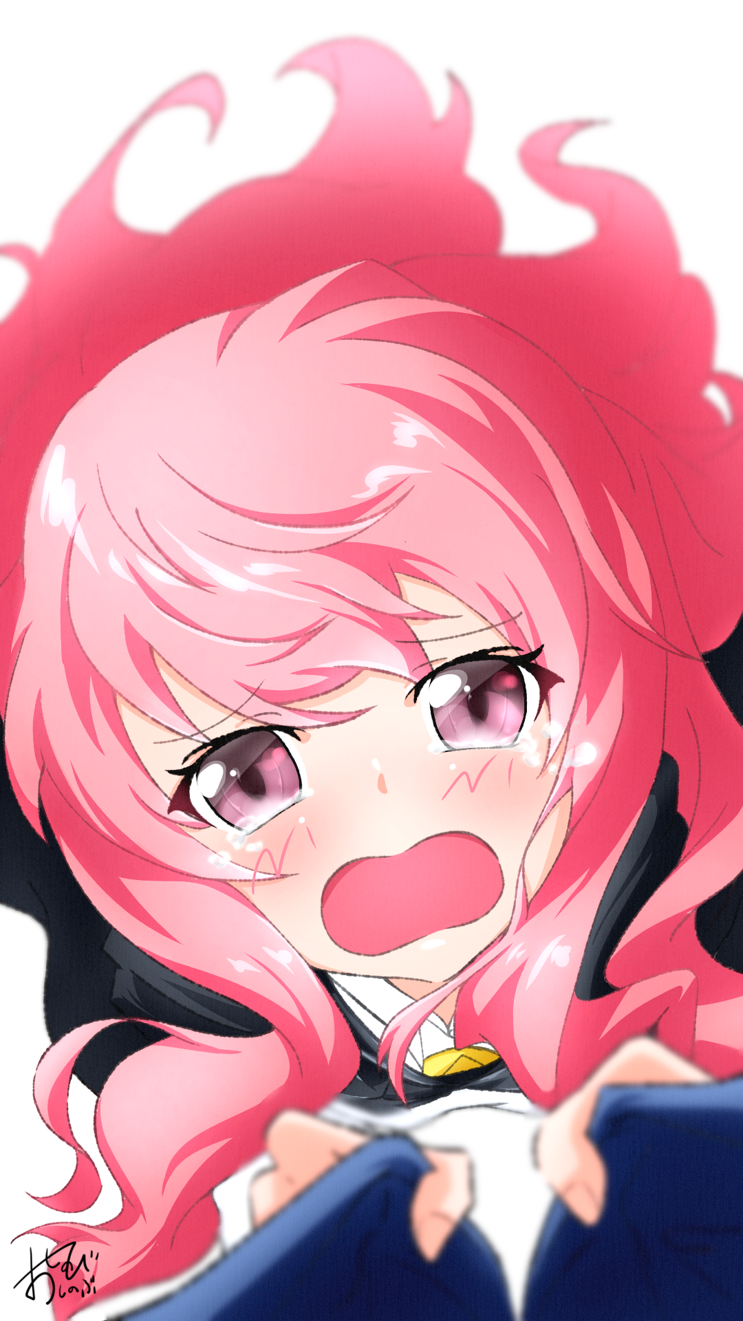 oshinobi shinobu, hiraga saito, louise francoise le blanc de la valliere, zero no tsukaima, commentary request, highres, 1boy, 1girl, black cape, bloom, blurry, blush, cape, crying, crying with eyes open, depth of field, from above, furrowed brow, hair between eyes, hands up, long hair, looking at viewer, open mouth, pink eyes, pink hair, pov, shirt tug, sidelocks, signature, simple background, solo focus, straight-on, tears, upper body, white background